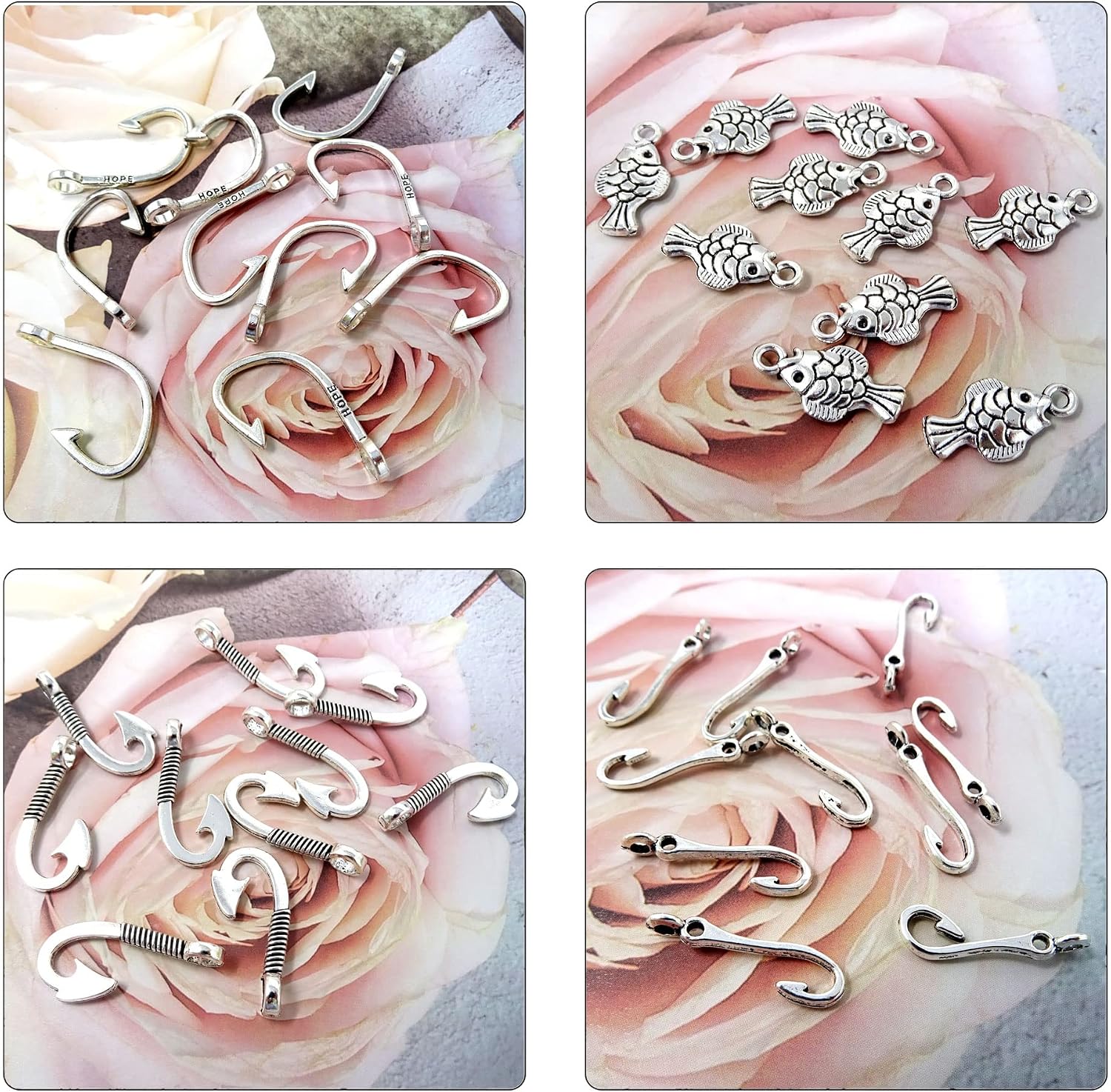 Honbay 60PCS Alloy Fish Hook Double Sided Fish Charms Pendant Fishing Jewelry Findings for Earring Necklace Bracelet Keychain Crafts Making (6 Style)