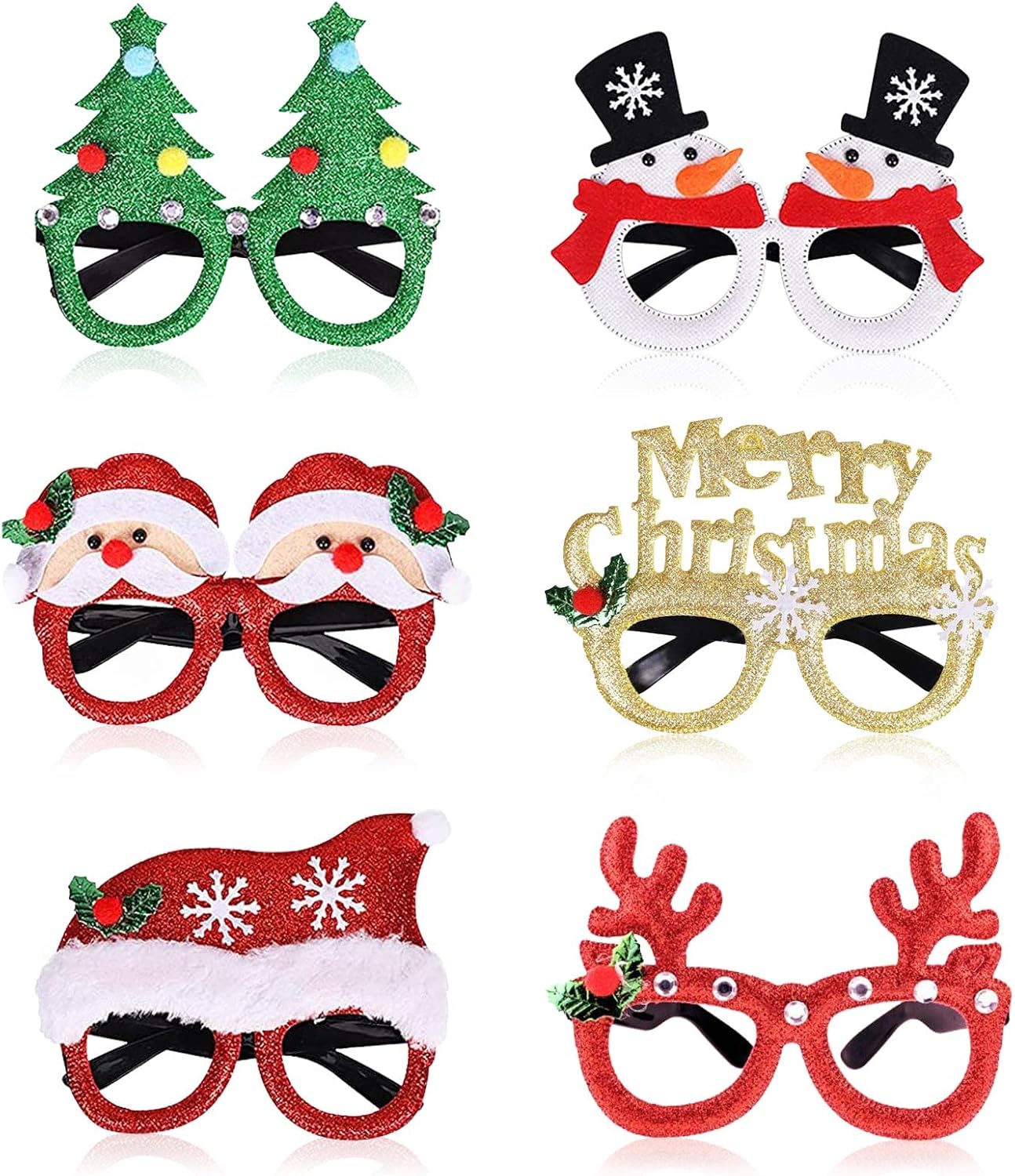 IOPJLK 6 Pcs Gafas De Navidad, Gafas De Fiesta De Navidad Novedosas, Fiesta de Disfraces de Decoración Navideña Gafas con Purpurina, Ideas de Regalos para Adultos y Niños, Accesorios para Fotos