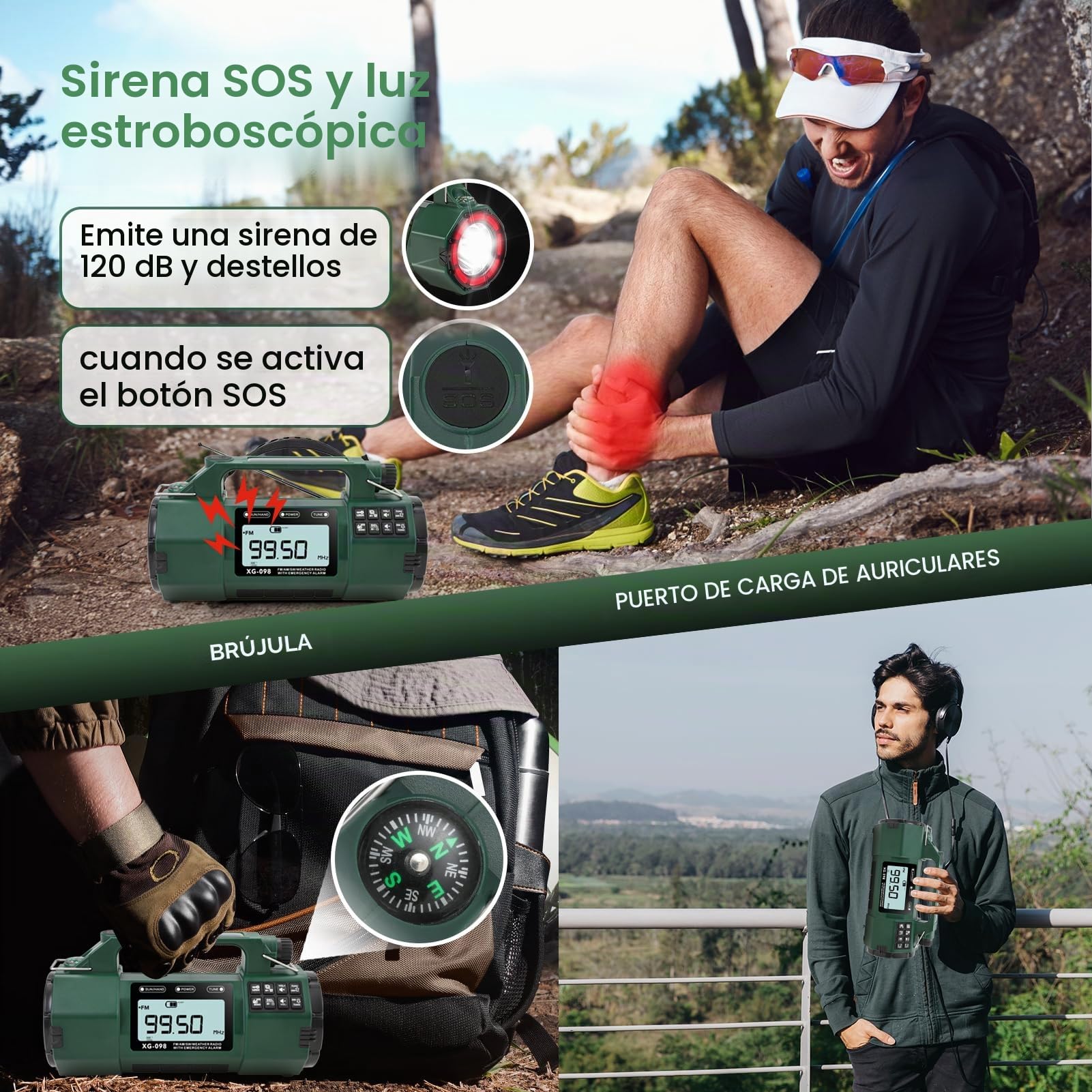 Radio meteorológica de emergencia, batería reemplazable 5000mAh, radio solar de manivela con alerta AM/FM/SW/NOAA, reloj despertador, temporizador, brújula, cargador de teléfono móvil, conector para