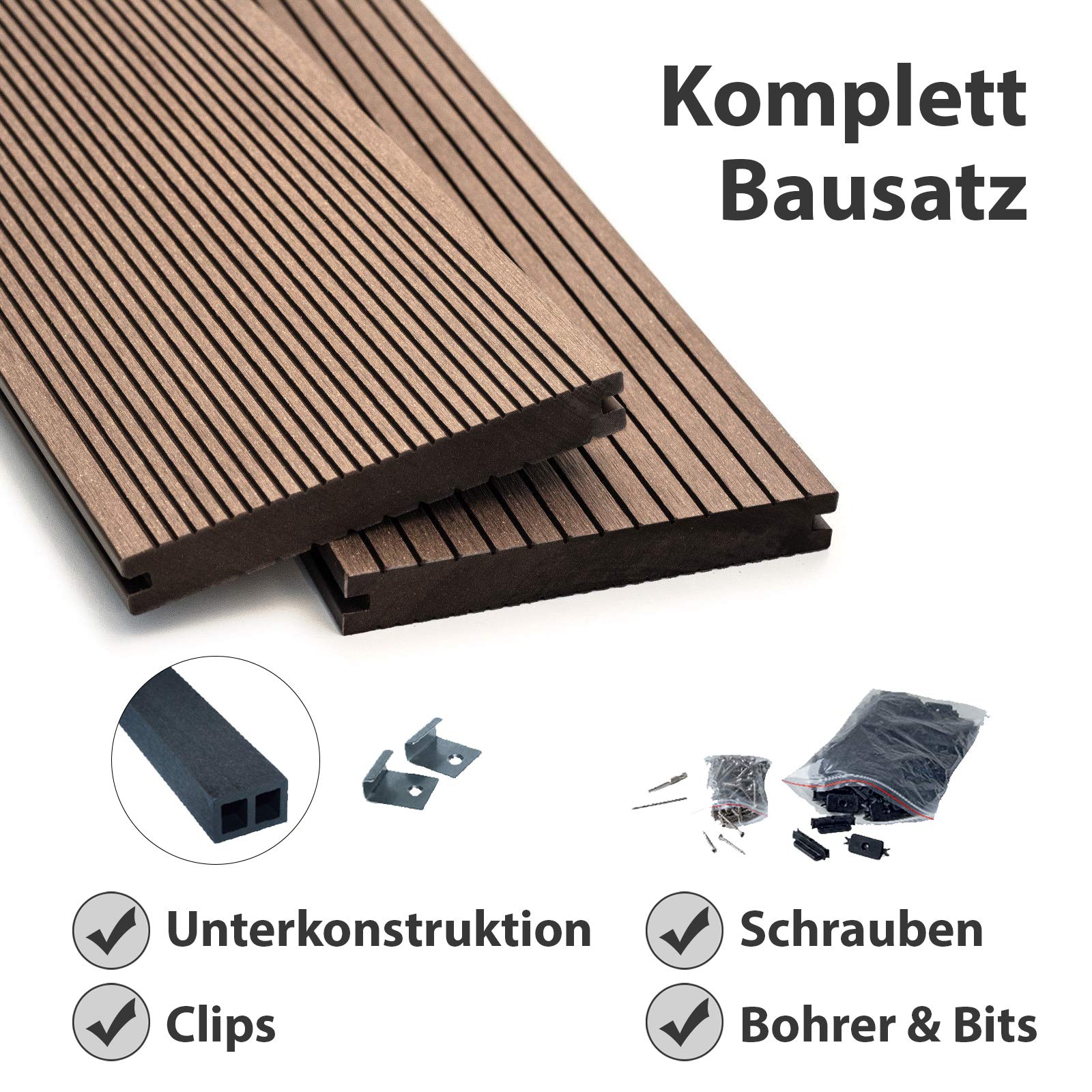 WPC Terrassendielen Massiv Dielen - Komplett-Set Dunkelbraun | 10 m² (5m x 2m) Holz-Brett Dielen | Boden-Fliesen + Unterkonstruktion & Clips | Balkon Boden-Belag + rutschfest + witterungsbeständig