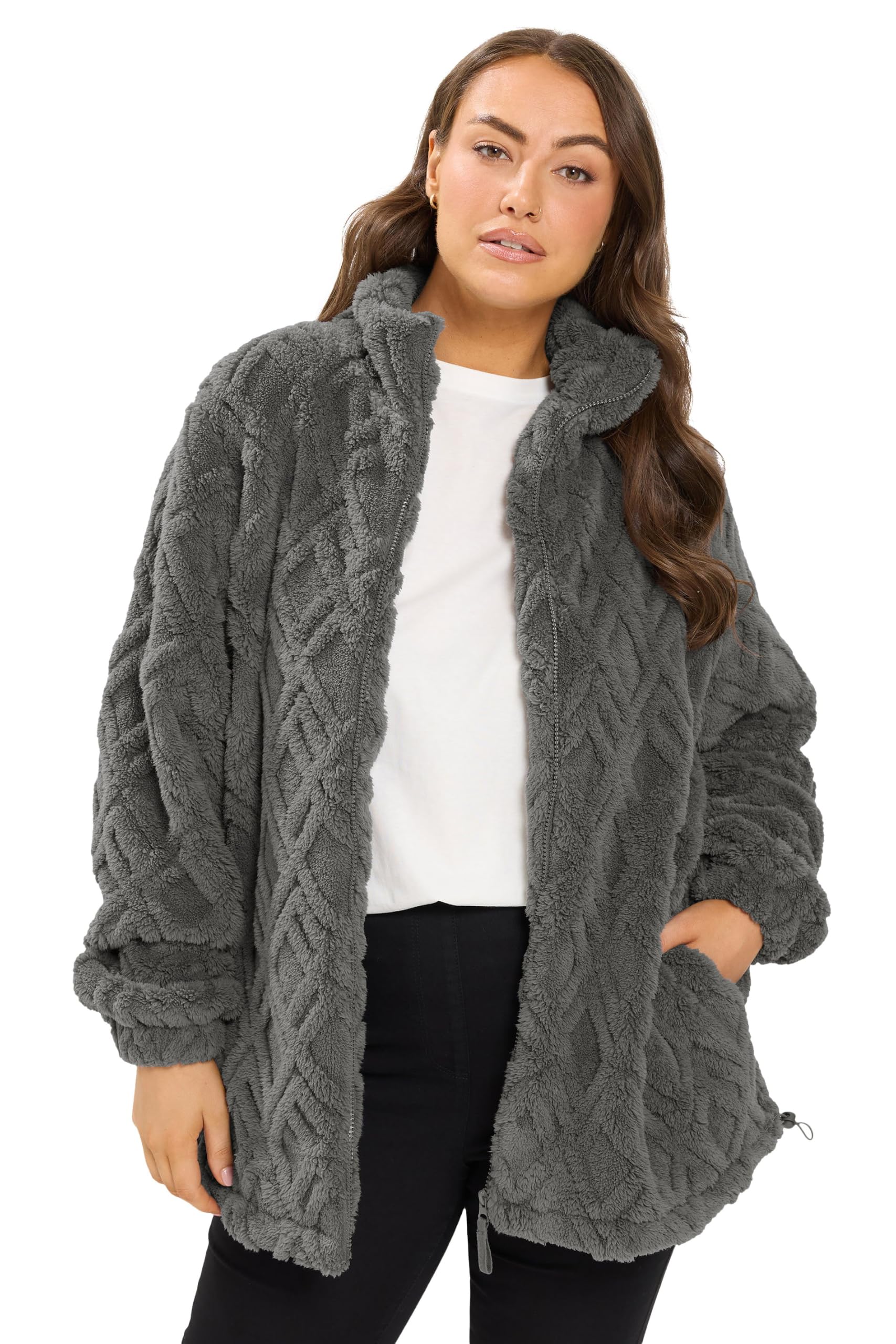 Yours Women's Textured Fleece Jacket in Charcoal | Size: 20