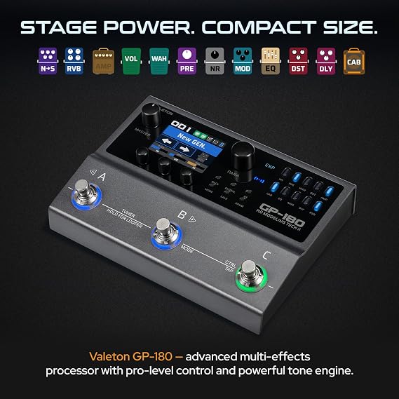 Valeton GP-180 Guitar Multi Effects Processor HD NAM Modeling Pedal 200+ Effects IR Loader 6-in/4-out USB Audio Interface Bluetooth MIDI 180s Looper 3 Footswitches Built-in 3000mAh Battery Black