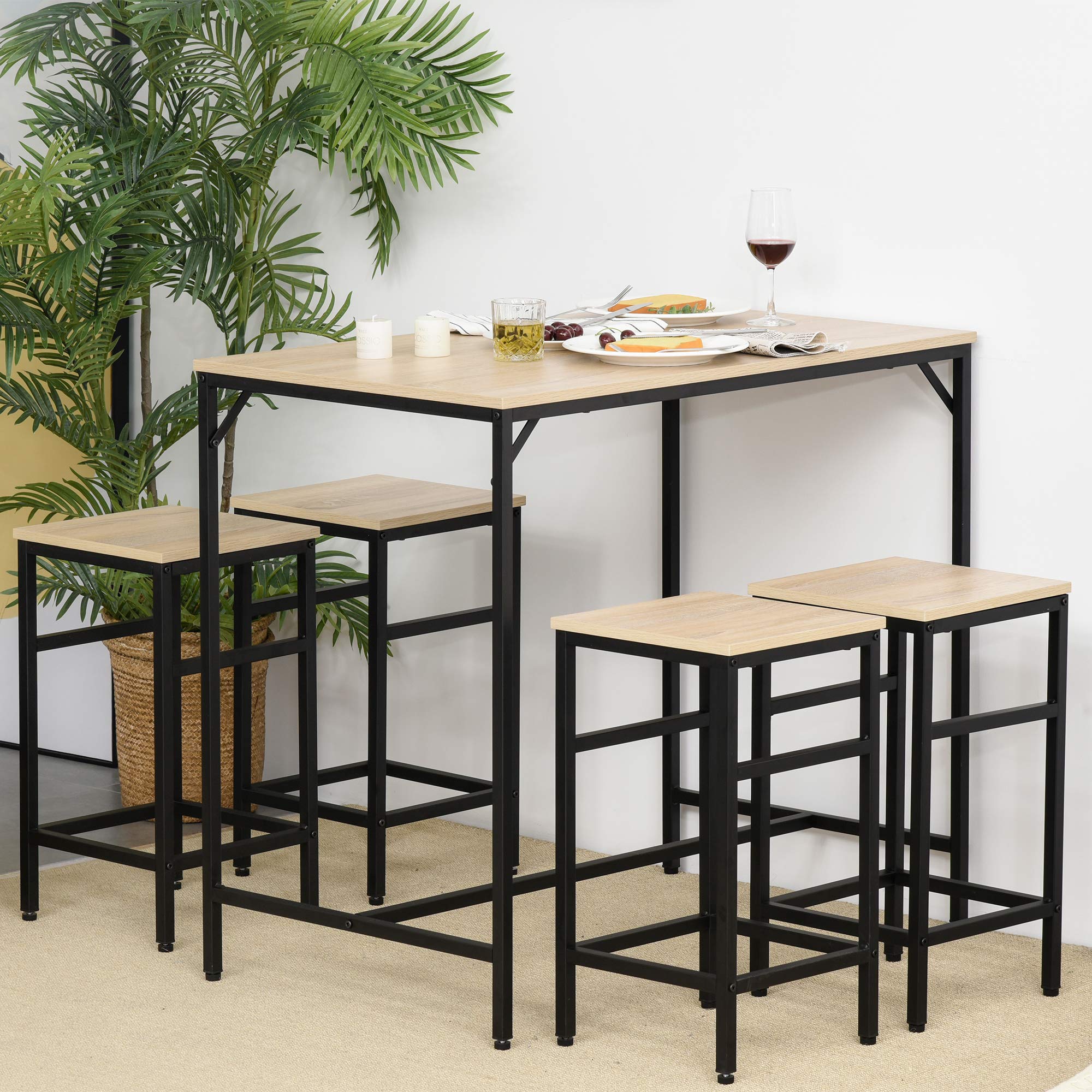 HOMCOM Bar Tisch und 4 Hocker Set 5 Stück mit Fußstützen Hohe Möbel Set mit Tisch 100x60x88 cm und Hocker 32x32x57 cm für Esszimmer Küche Schwarz & Eiche