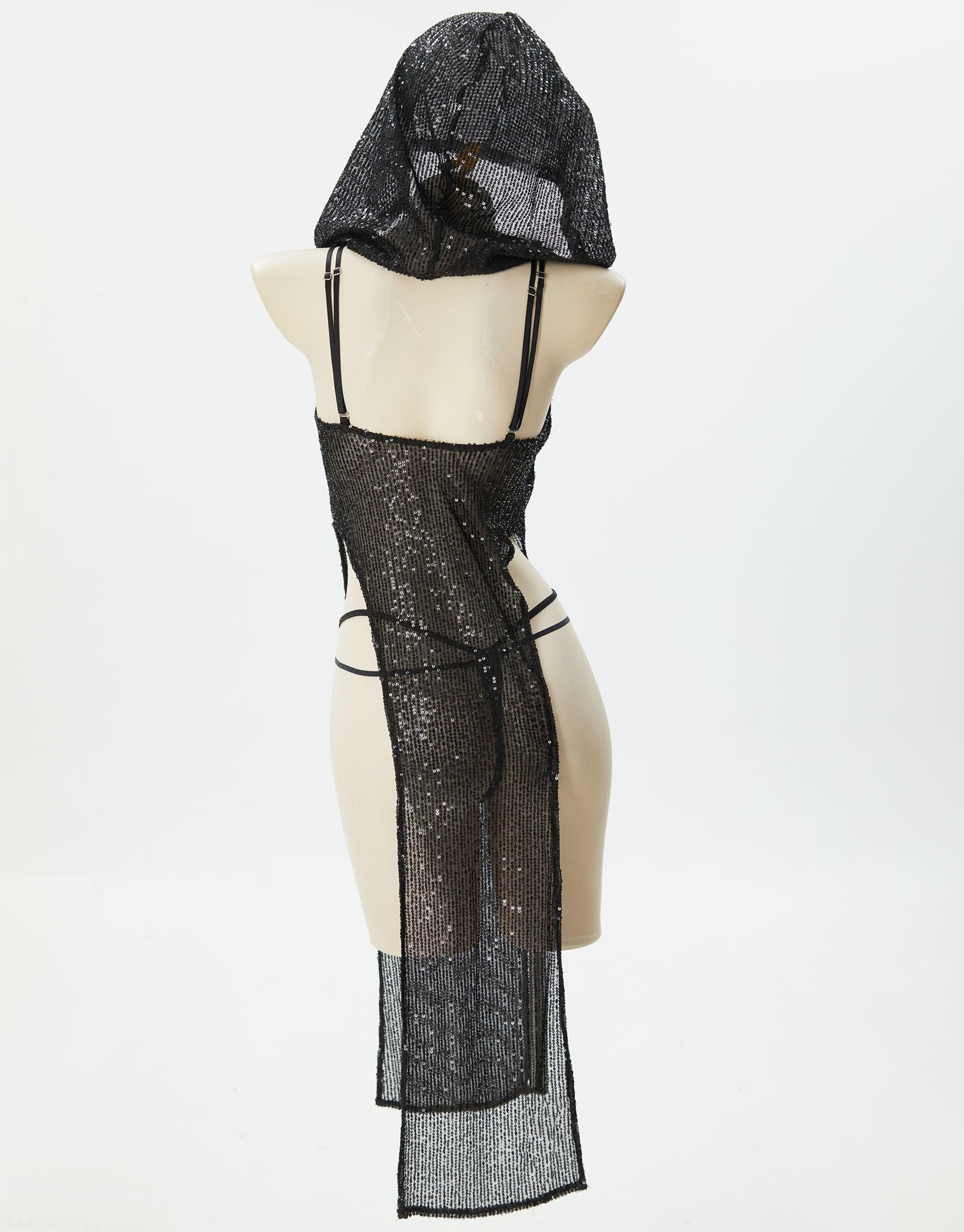 MEOWCOS Women's Bodycon Dress Gothic Translucent Sequins Front Lace-up Dress Set with Arm Sleeves