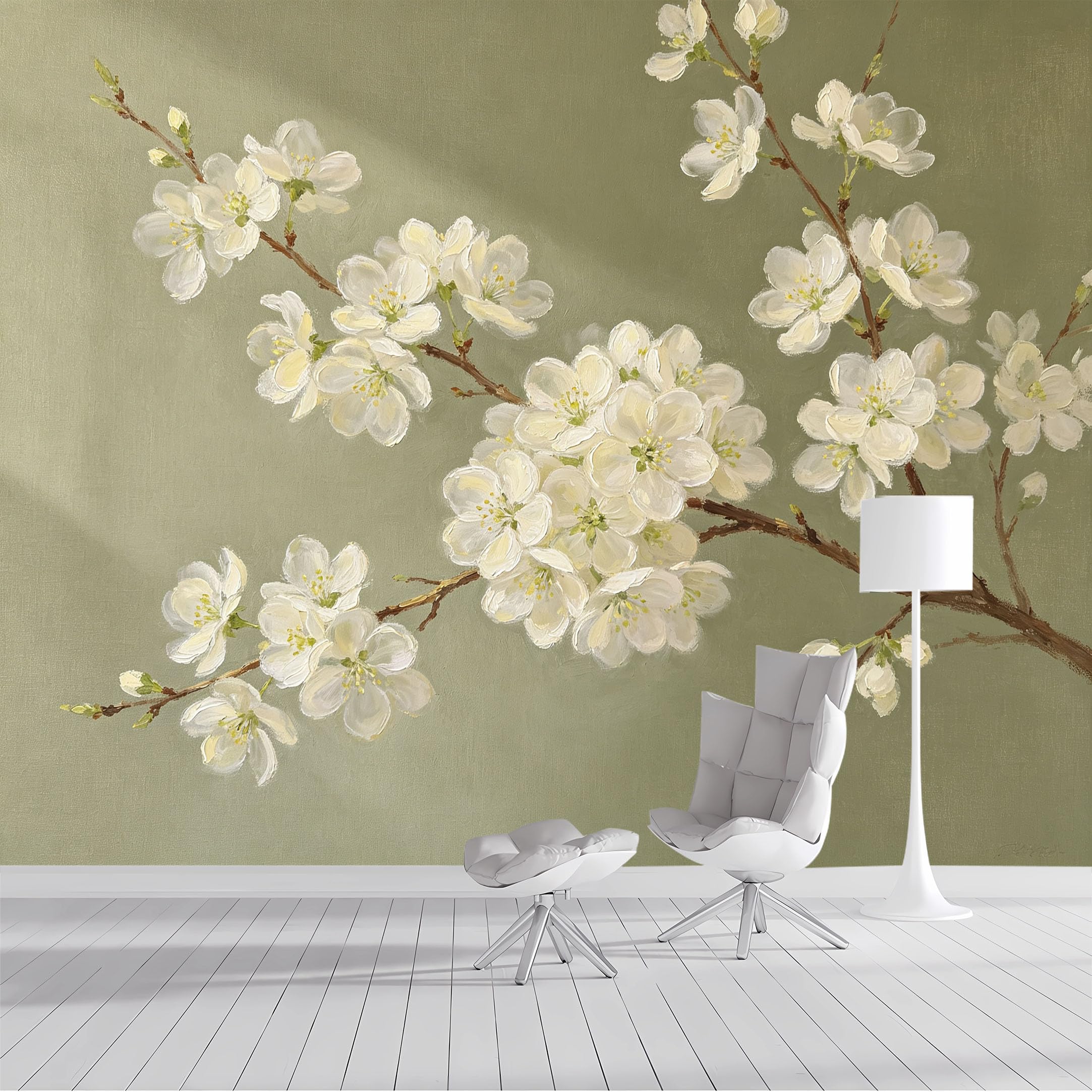 Yzpallescene Bh260711015 Custom Size Wall Mural Cherry Blossom Botanical Oil Painting Selfadhesive Wall Fabric Removable Peel And Stick Wallpaper Wall Decor For Living Room Bedroom Bathroom