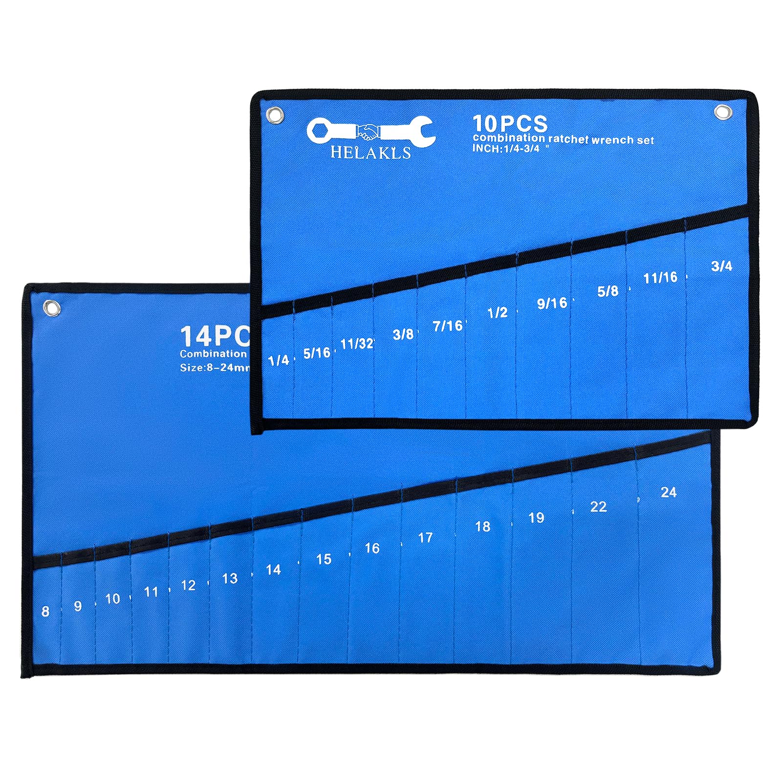 HELAKLS 2-Piece Oxford Wrench Roll Organizer SAE and Metric, Wrench Tool Roll Up Pouch with Pockets for Larger Wrenches, 10 Pockets SAE+ 14 Pockets