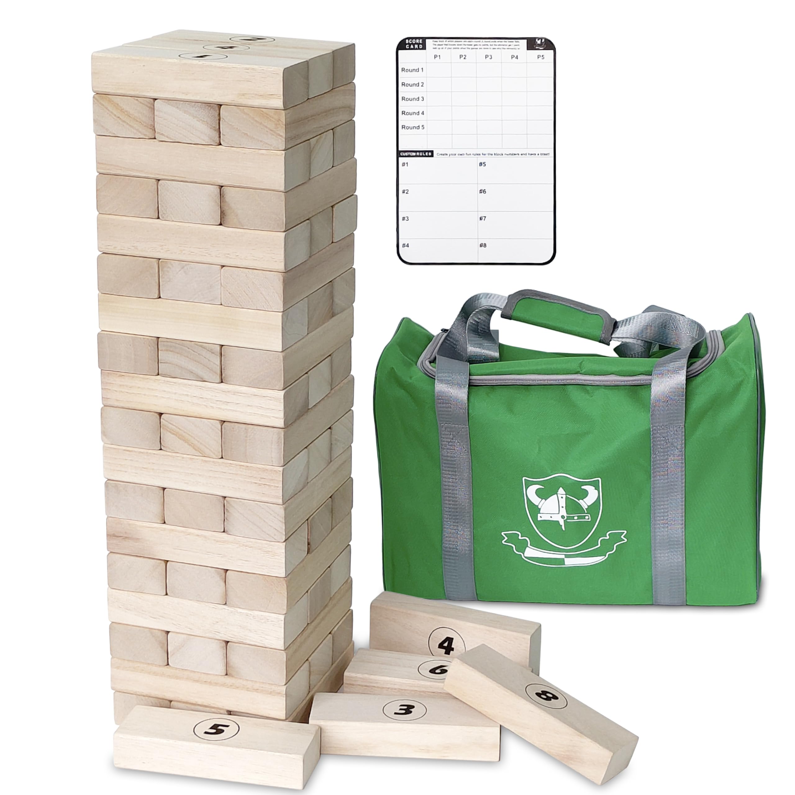 Jac & Mok Tumble Tower - Jeu de tour empilable - Jeux de plein air - Jeu de blocs en bois - Comprend un sac de transport (naturel, jumbo-56 pièces)