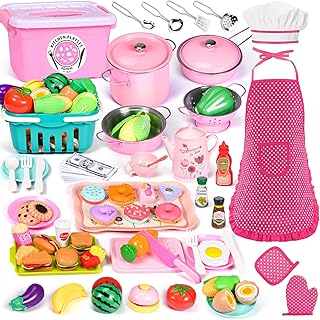 Pack of 121 Children's Kitchen Accessories, Play Kitchen Accessories with Apron & Chef's Hat, Mud Kitchen Accessories with Food Toy, Cookware, Storage Box, Cutting Fruit Vegetables, Role Play Gift