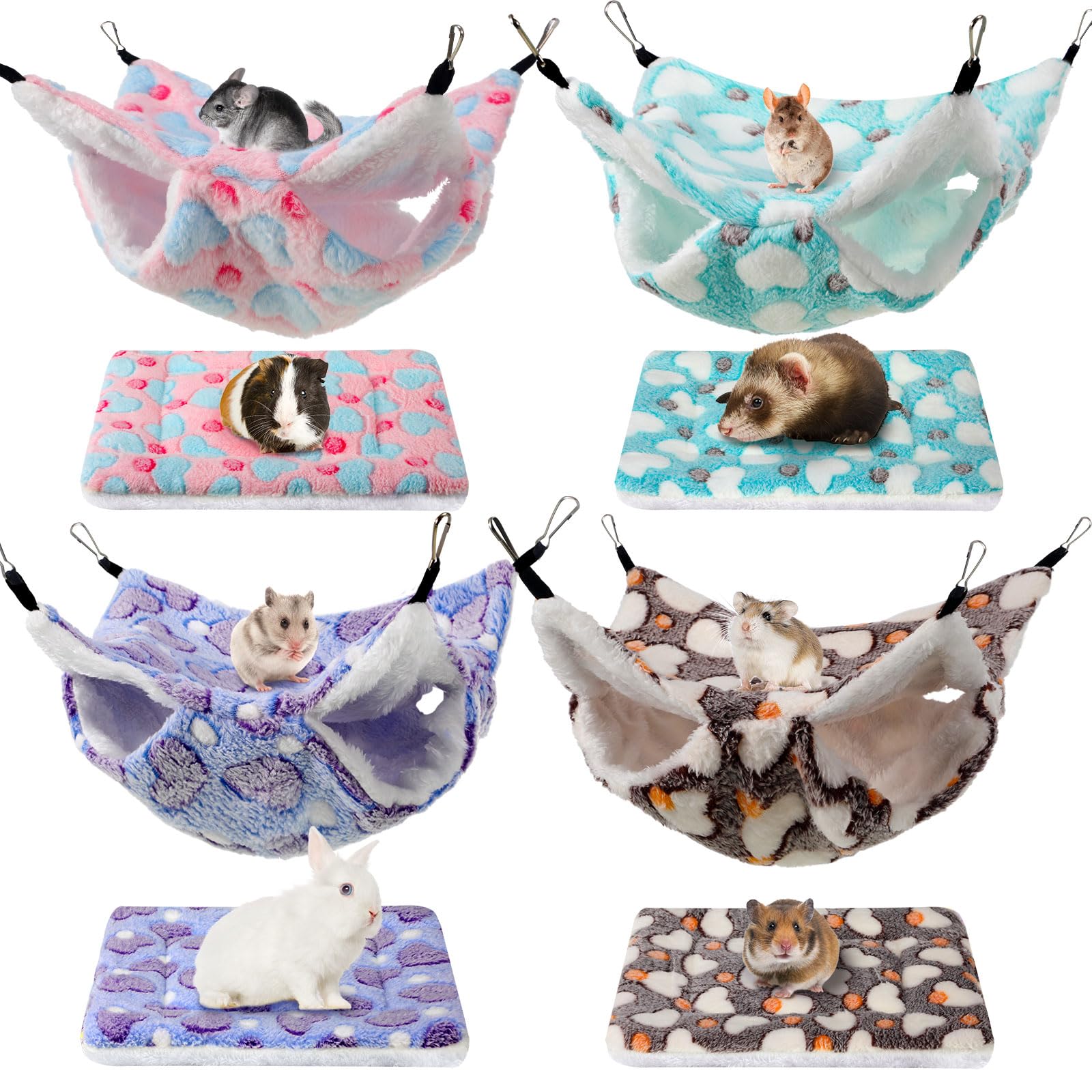 Weewooday 8 Piezas Set de Colchonetas de Cama y Hamacas de Jaula de Mascotas Pequeñas Almohadilla de Perrera Escondite Colgante Accesorios para Cobaya Hámster Rata Ardilla Hurón Chinchilla (Corazón)