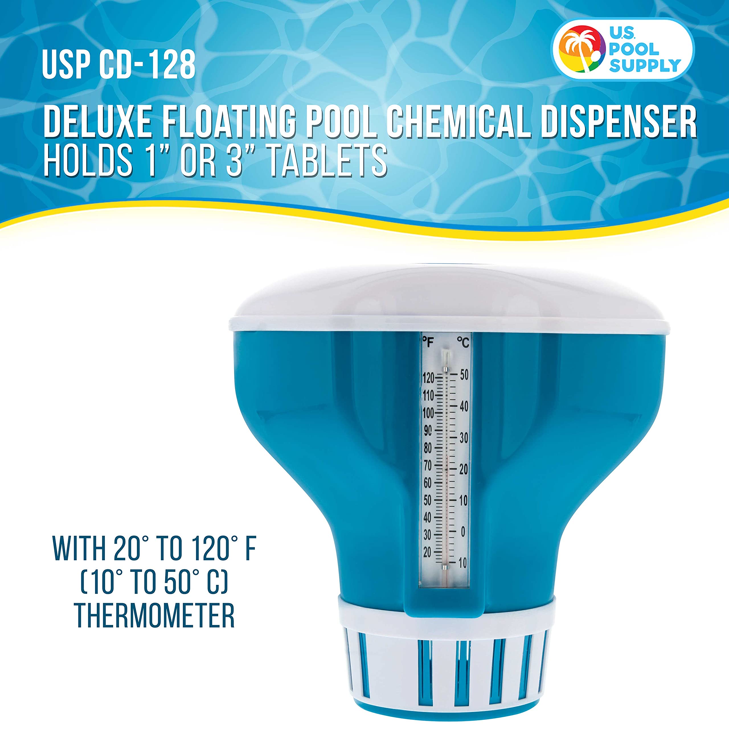 U.S. Pool Supply Duży pływający dozownik chloru do basenu z termometrem 48.9 °C, średnica 18 cm, pomieści tabletki 7,6 cm, regulowany pływak do konserwacji basenu, spa, jacuzzi