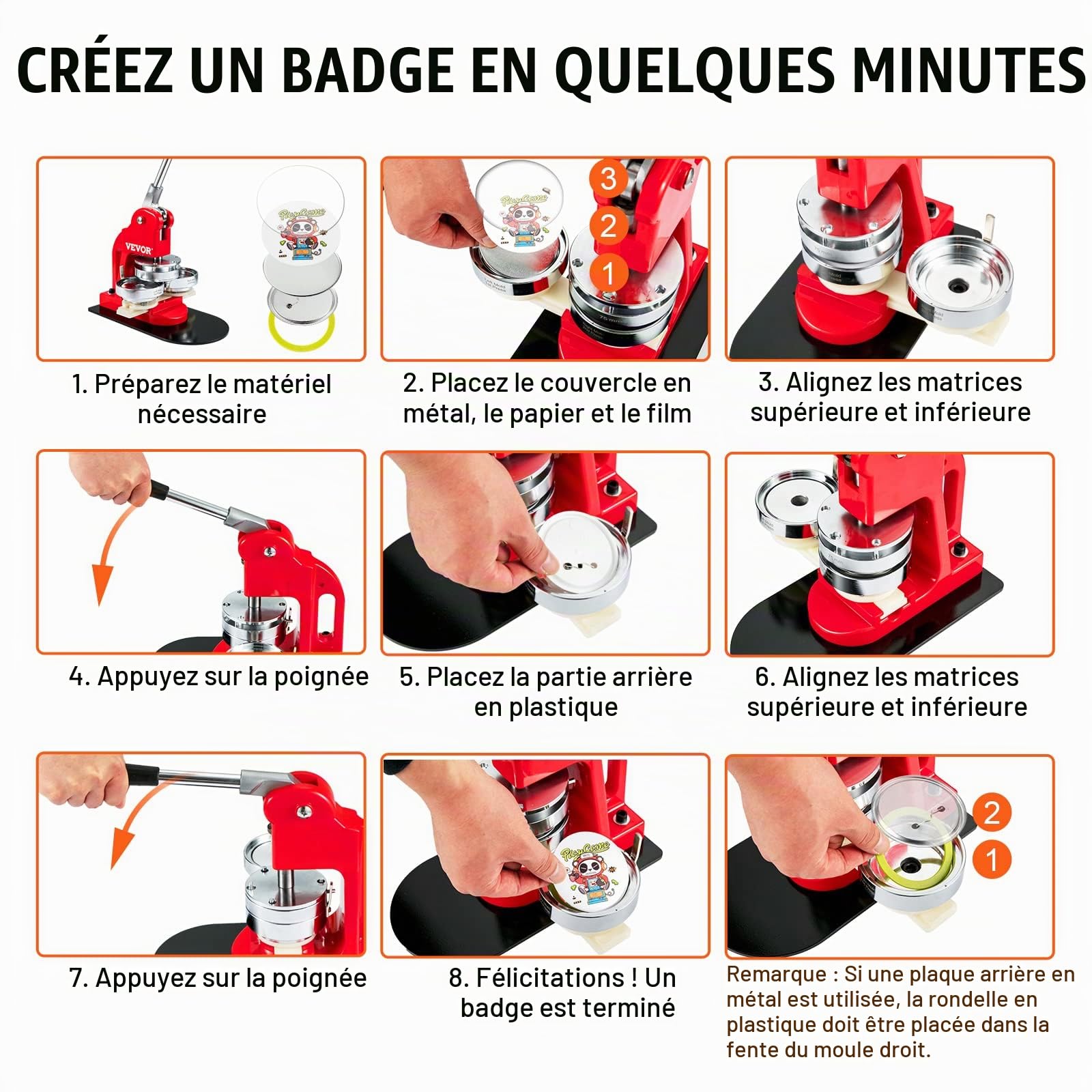 VEVOR Badge Personnalisé 75 mm 200 Kits de Consommables Badges à Épingles Fournitures pour la Fabrication de Badge Rond avec Couvercle Fond Plastique Métallique Papier Film Machine à Badges Bricolage