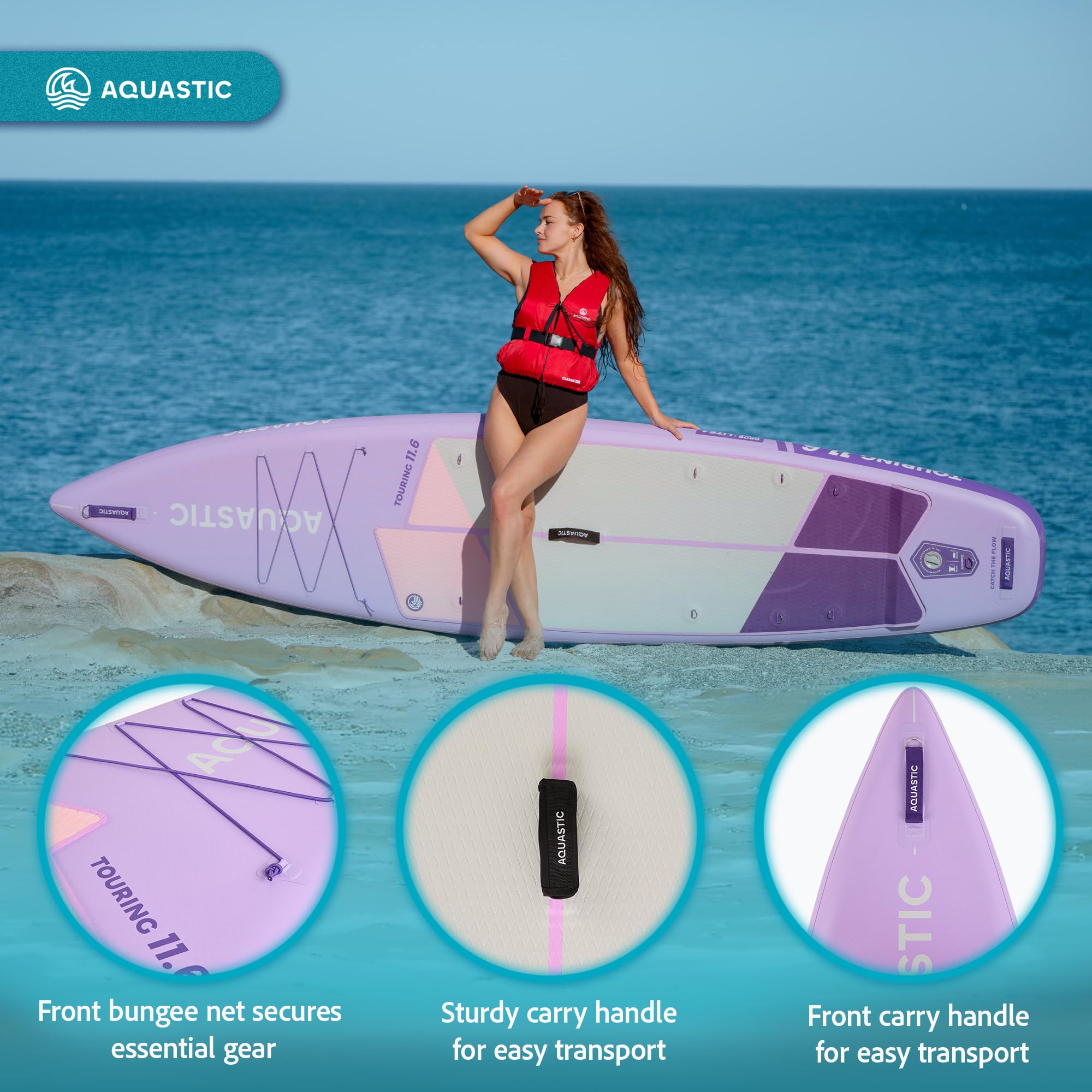 AQUASTIC Touring nadmuchiwana deska SUP 350 x 79 x 15 cm, maksymalne obciążenie 130 kg, pierścienie D do siedzenia kajakiem | 350 x 79 x 15 cm, 330 l, do 130 kg, fioletowy, z siedziskiem kajakowym, wiosłem 2 w 1, pompką, smyczą, płetwami i plecakiem
