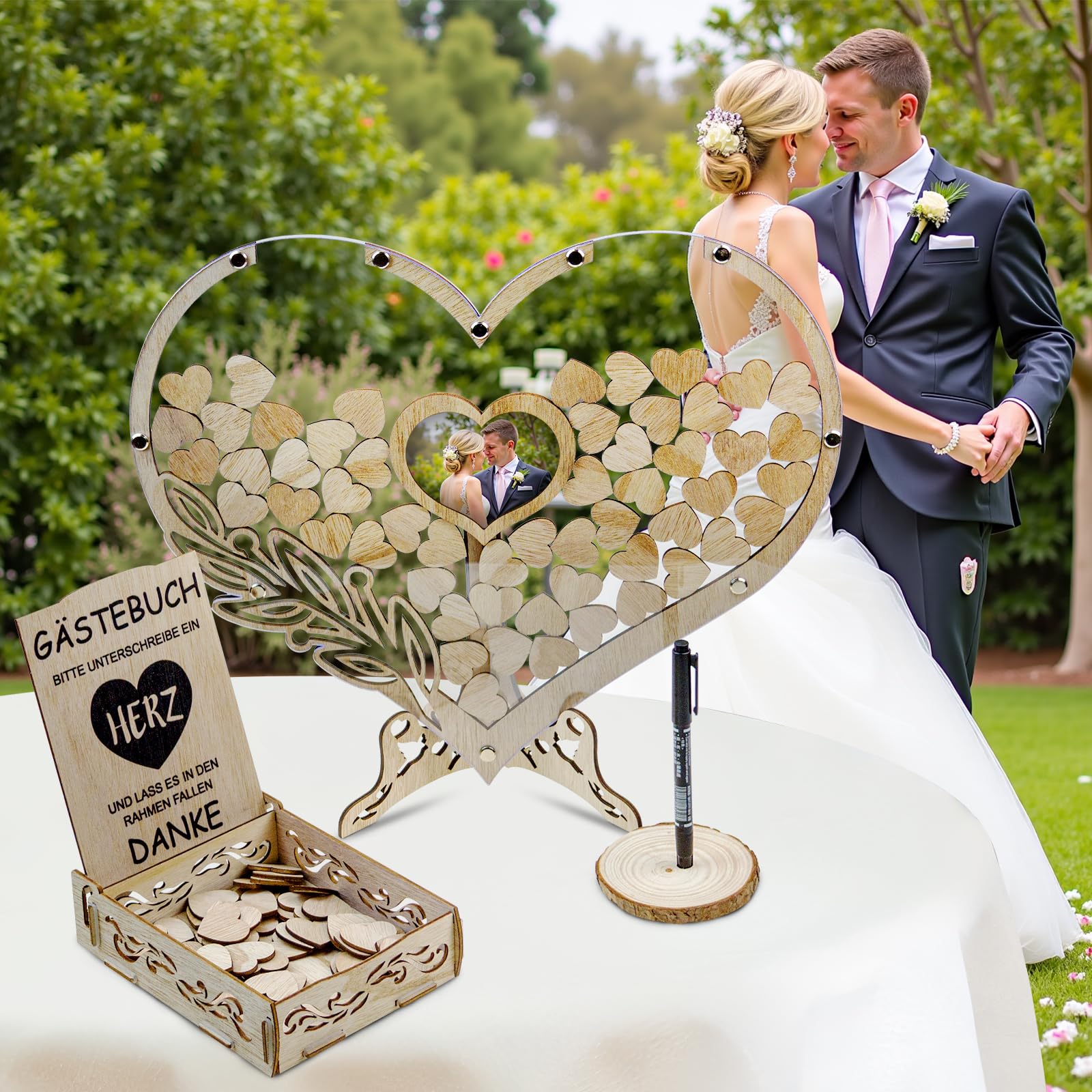 Gästebuch Hochzeit Holz,Gästebuch Hochzeit,Hochzeitsgästebuch mit 100 Holzherzen für Hochzeitsfeiern und Geburtstage, personalisierte Hochzeitsdekoration mit Gäste-Anmeldefeld und Herzrahmen für Fotos