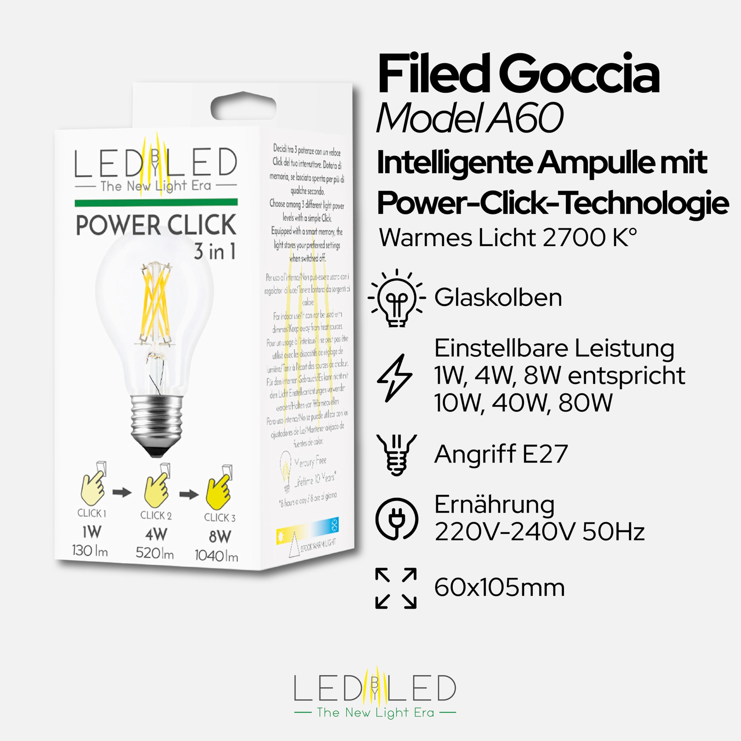 Smart Goccia Power Click 2-4-8W Glühbirne, E27, transparentes Glas, einstellbare Intensität, 2700K warmes Licht, gerader LED-Glühfaden, 960 Lumen, 10er-Pack