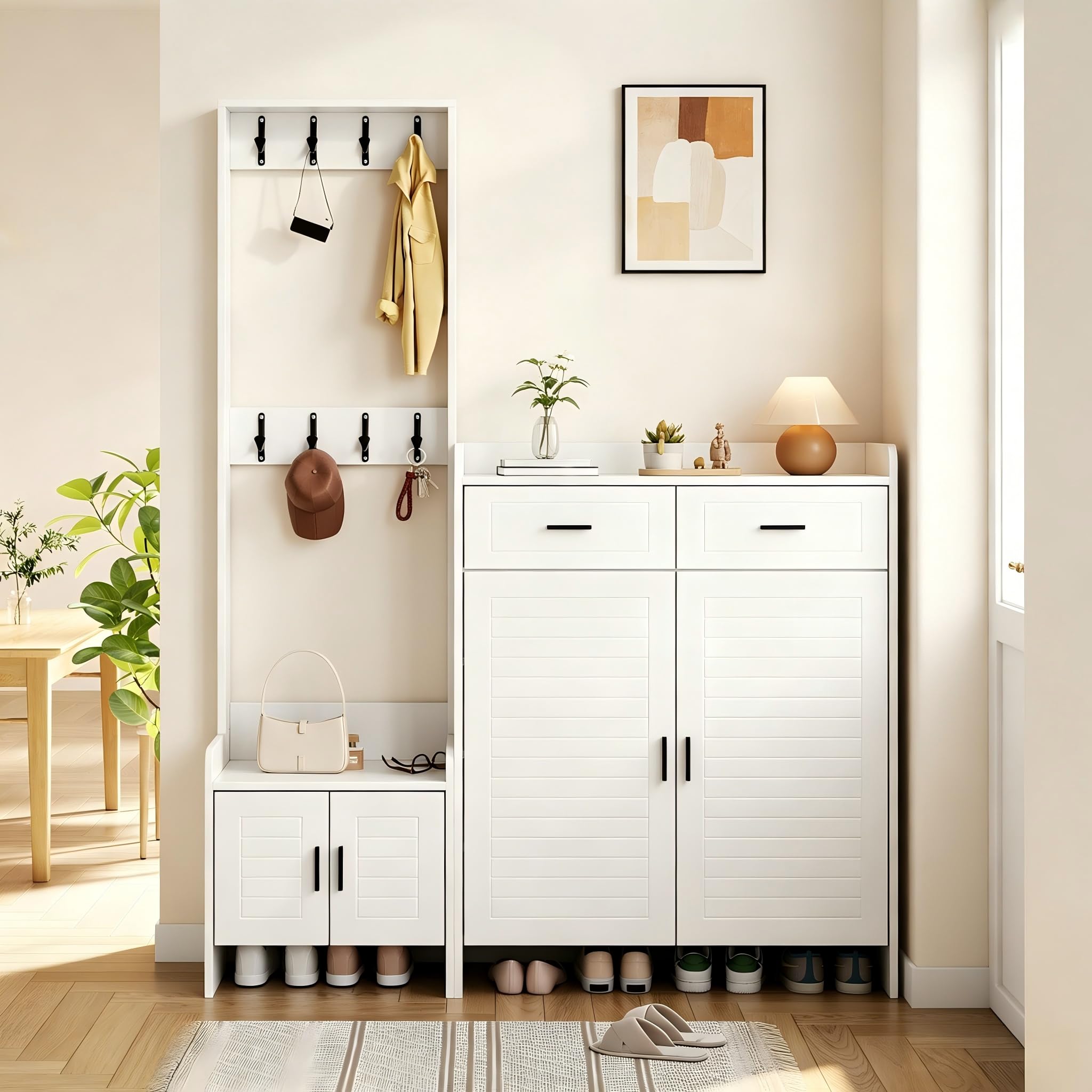 Set guardaroba bianco 140,6 x 32 x 180 cm, 3 in 1 con pannello appendiabiti, scarpiera, scarpiera, 4 ganci, cassetti, porte, ripiano regolabile, mobili da corridoio opaco