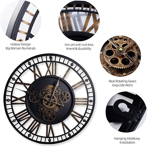 Miniatura 5 de Reloj de pared digital grande de 24 pulgadas con engranajes móviles reales, reloj redondo silencioso de metal industrial vintage para dormitorio,