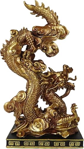 Ebros Gift Estatua decorativa del rey dragón dorado con base de pedestal negro de 10.25 pulgadas de alto, estatua oriental legendaria de Yin Yang de