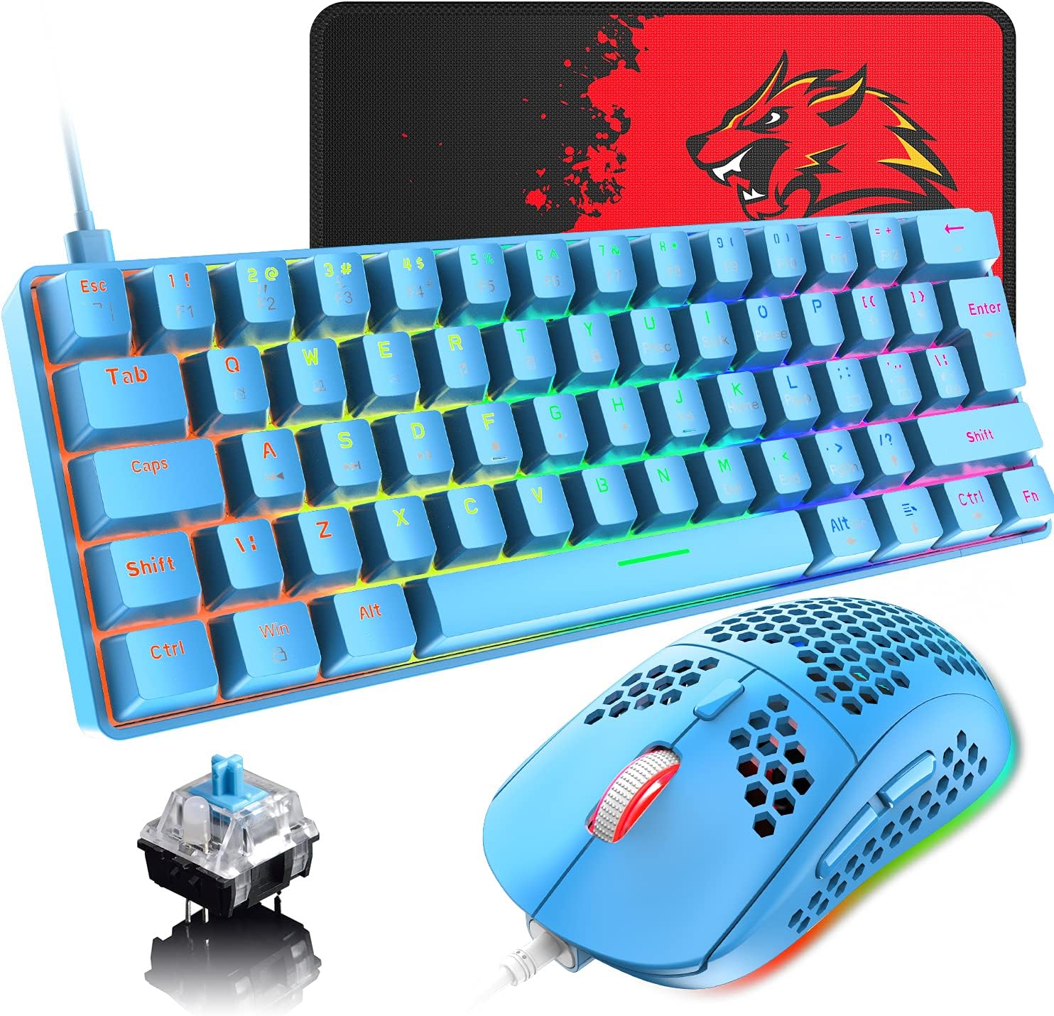 SELORSS Blue 60% True Mechanical Gaming Keyboard and Mouse Combo,20 RGB Chroma Backlit Type C Wired 62 Keys Mini Keyboard,Lightweight Gaming Mouse and Mouse Pad for Gamers and Typists