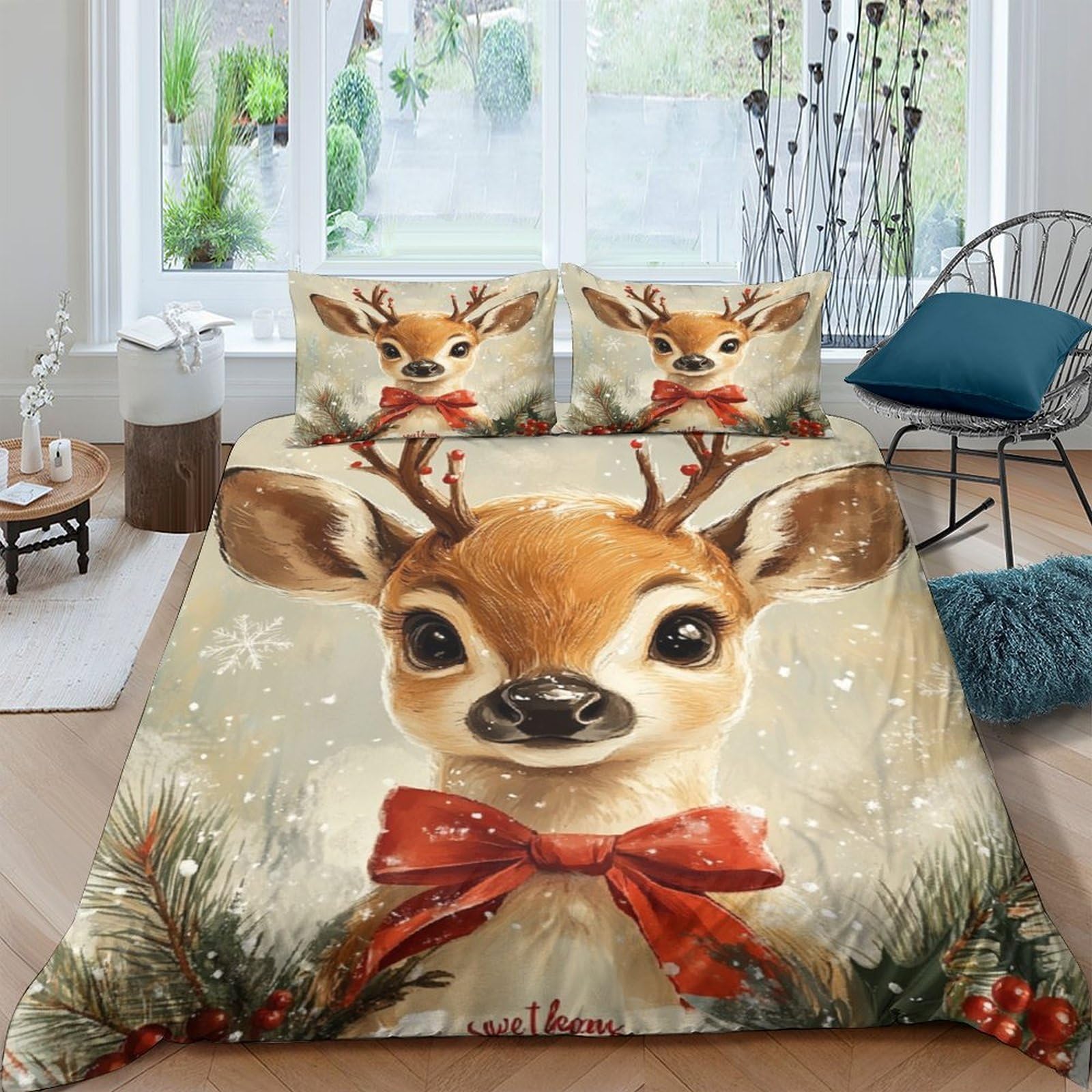 GPLZQXKJNH 3D Printed Christmas Reindeer Duvet Cover Microfiber Soft Breathable Winter Holiday Bedding Set with 2 Pillowcases for Bedroom Décor Single（135x200cm）