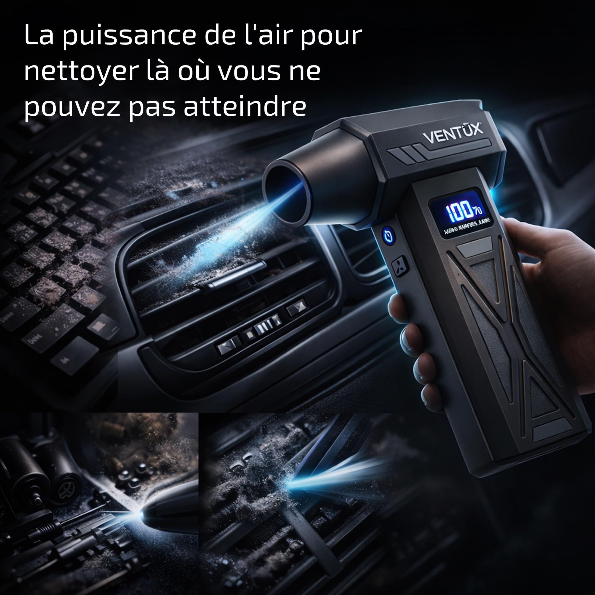 AeroBoost P70 110W – Souffleur d'Air Portable Sans Fil Rechargeable | 4 Vitesses Écran LCD + LED | 4 Buses Interchangeables | Nettoyage Clavier PC, Voiture, Caméra, Console