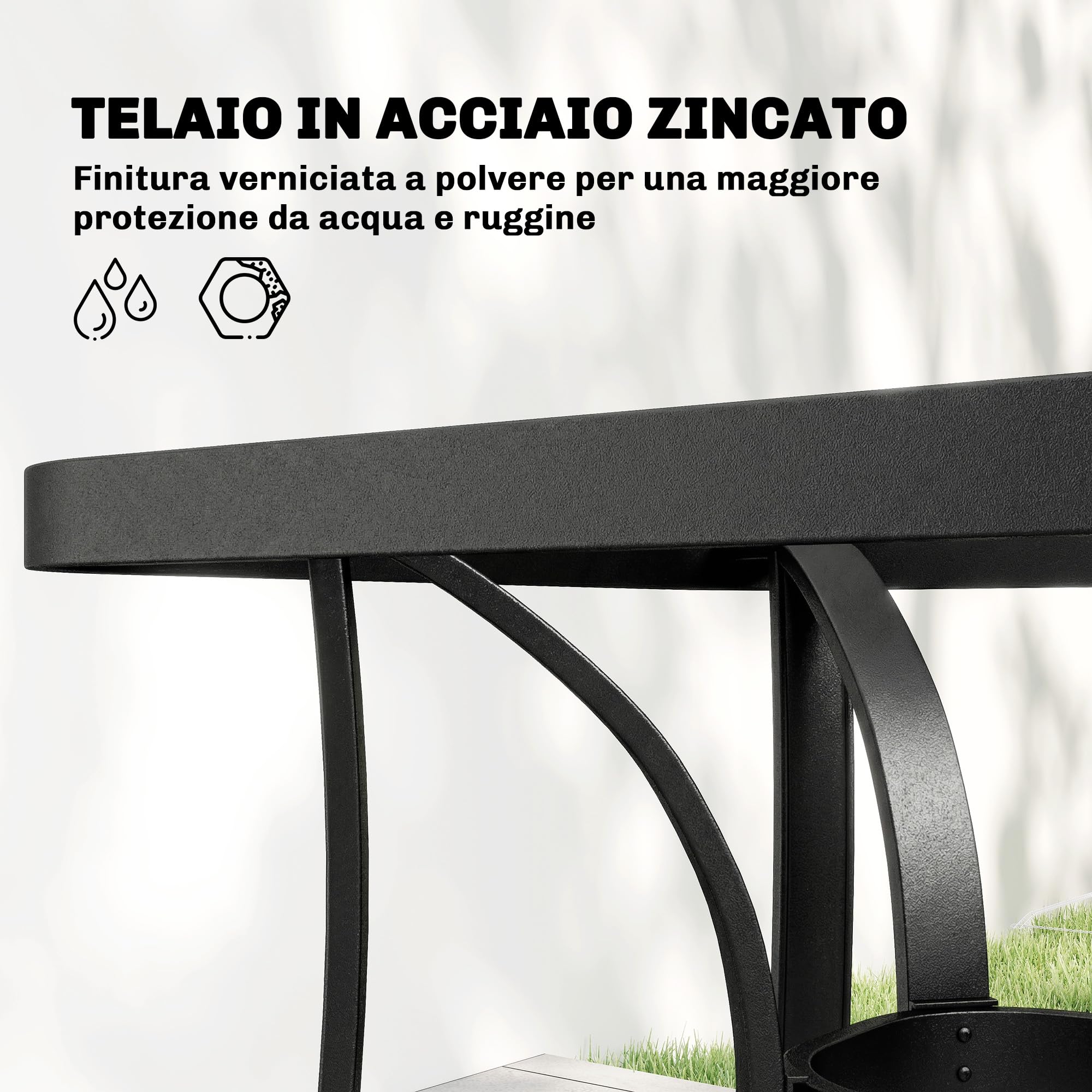 Outsunny Set Tavolo e Sedie da Giardino 5 Pezzi, Set Pranzo Esterno con 4 Sedie Impilabili Texteline, Tavolo Vetro Temperato, Foro Ombrellone, Acciaio, Grigio Chiaro