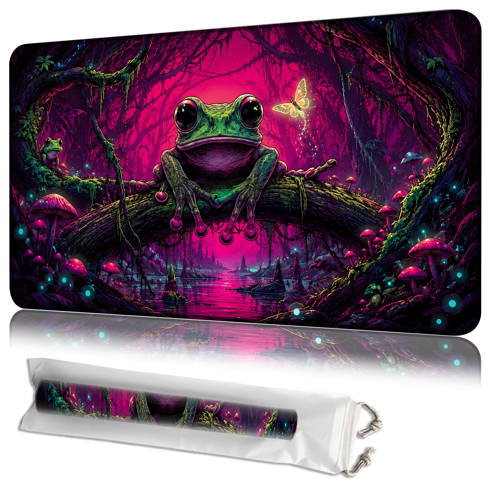 JANENFNA Forest Neon Frog MTG Playmat, 24 x 14 Inch Gaming Mat
