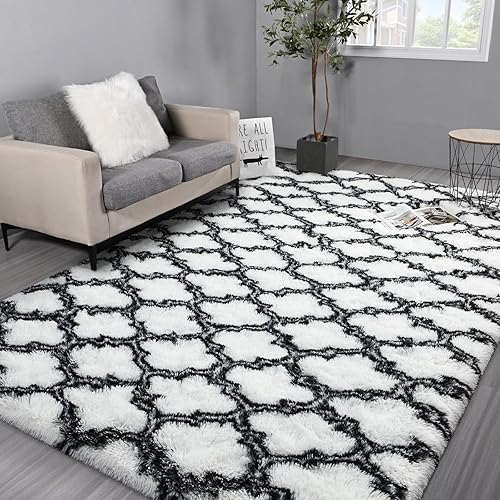 Hutha Alfombras geométricas grandes de 6 x 9 pulgadas para sala de estar, alfombra blanca moderna súper suave para dormitorio, alfombra marroquí de