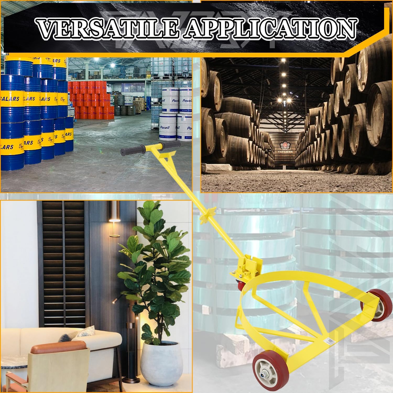 55 Gallon Drum Dolly 1200lbs Capacity Oil Drum Cart with Pivoting T Handle Low Profile Oil Barrel Drum Roller Cart Heavy Duty Oil Drum Caddy with Rotating Wheels for Workshop Factory Warehouse
