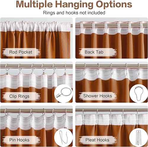 Miniatura 3 de DUALIFE - Juego de 2 paneles de cortinas de estilo bohemio, plisadas, de mediados de siglo, con trabilla trasera, marrón caramelo, roble dorado,