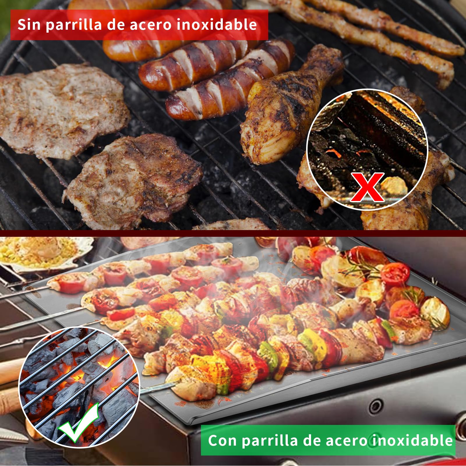 Plancha universal de acero inoxidable, 37 x 26 cm, universal, apta para barbacoa de gas Weber y barbacoa de carbón, rectangular, universal y maciza