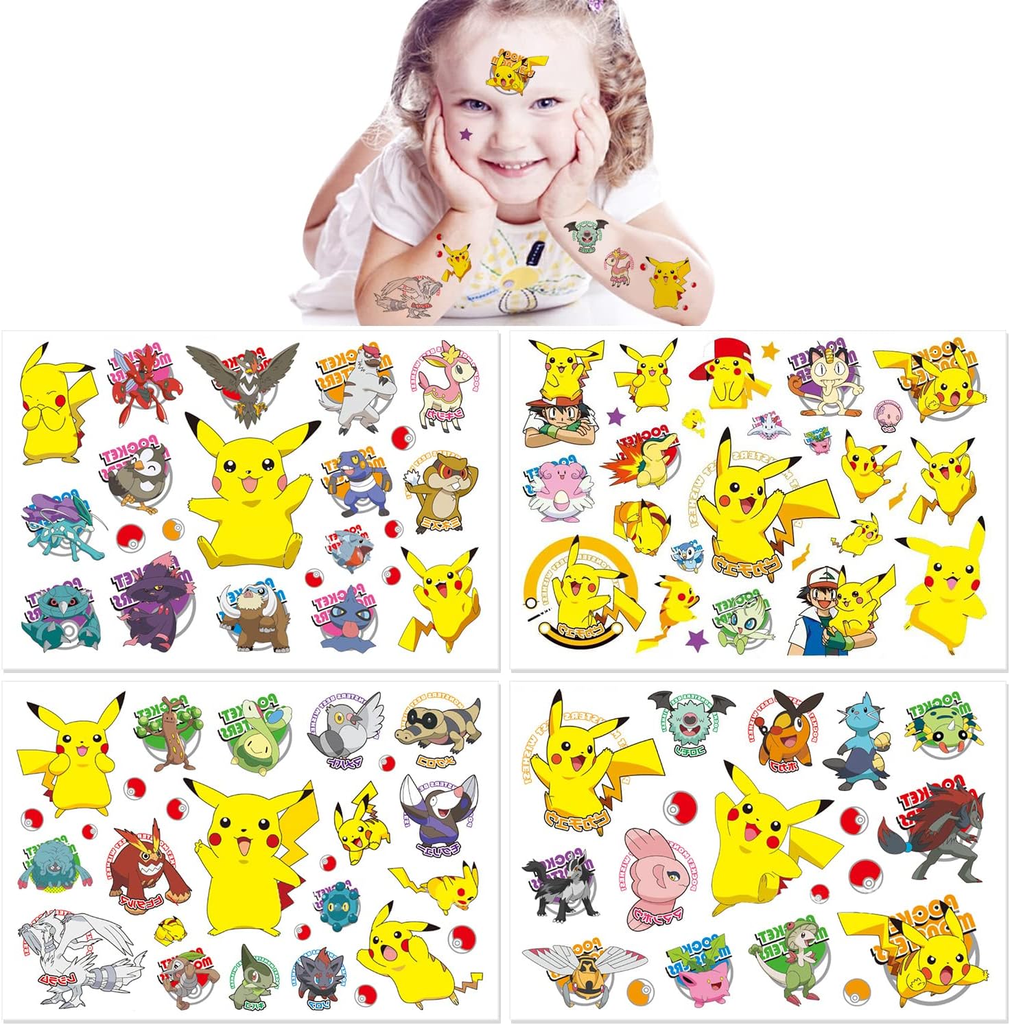 Qemsele Tatuajes Temporales Para Niños Niñas, 8 Sheets 160+ Pcs Hojas Dibujos animados Tatuaje Falso Pegatinas Para piñata Niños infantiles fiesta de cumpleaños regalo Bolsas Relleno (Pika-chu)
