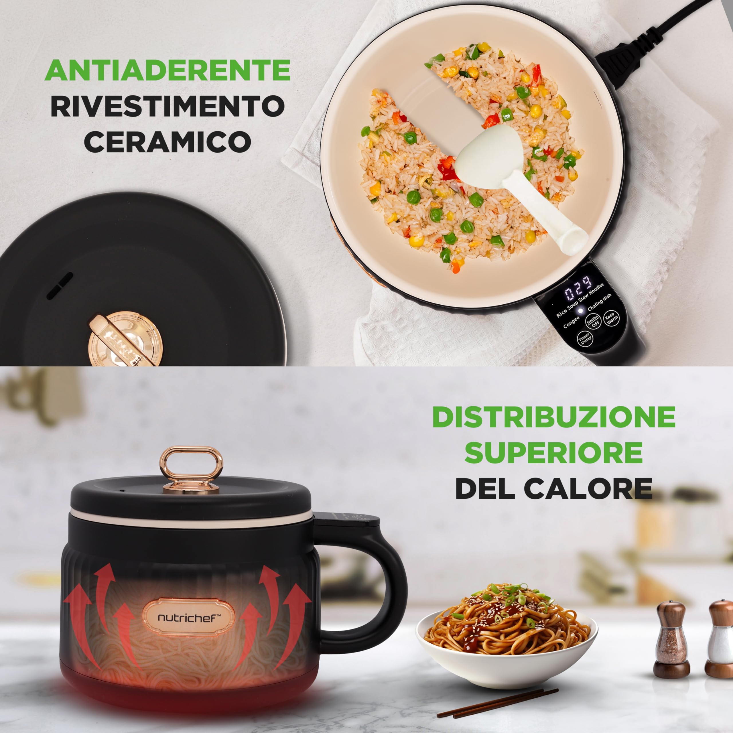 NutriChef Cuoci Riso Elettrico 1,5 Litri, Multi-Funzione con Rivestimento Antiaderente in Ceramica, Pannello Digitale, 6 Funzioni: Riso, Zuppe, Stufati, Porridge Istantaneo, Nero