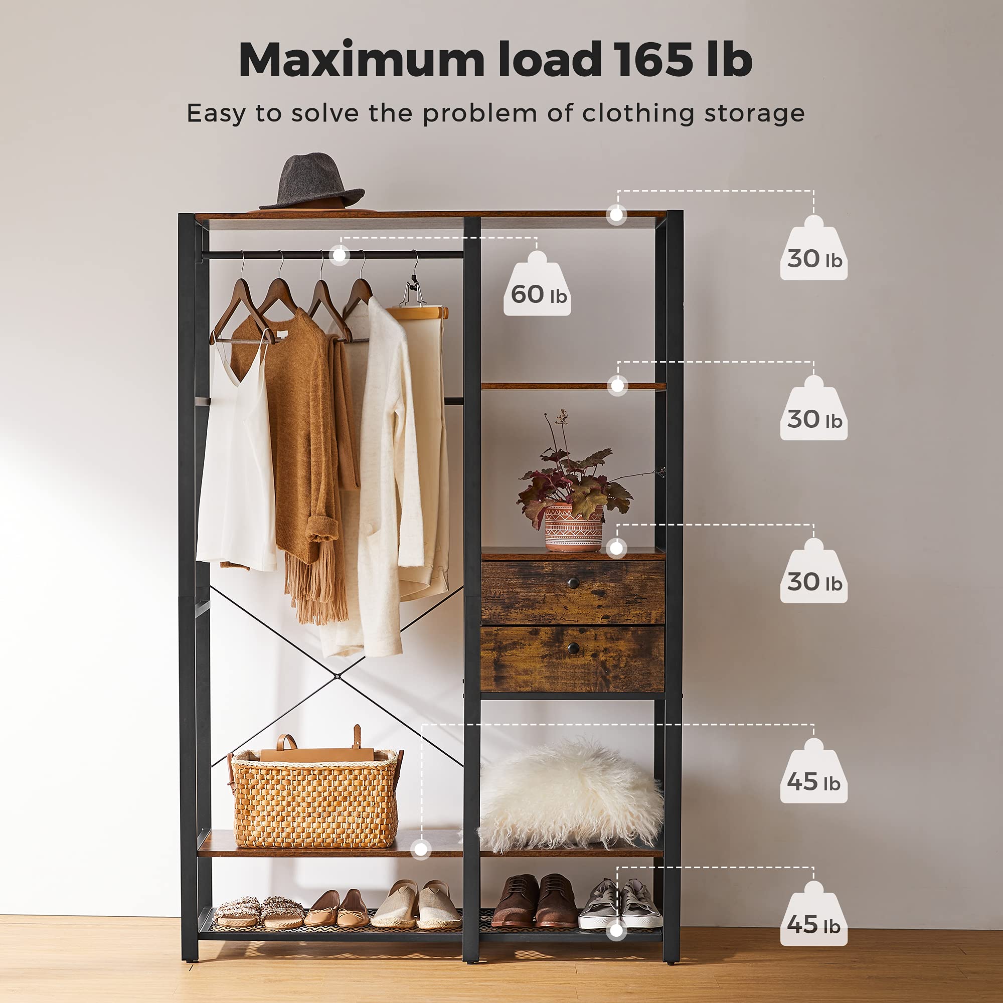 VASAGLE Free Standing Closet Organizer, Clothes Rack, Closet Organizer
