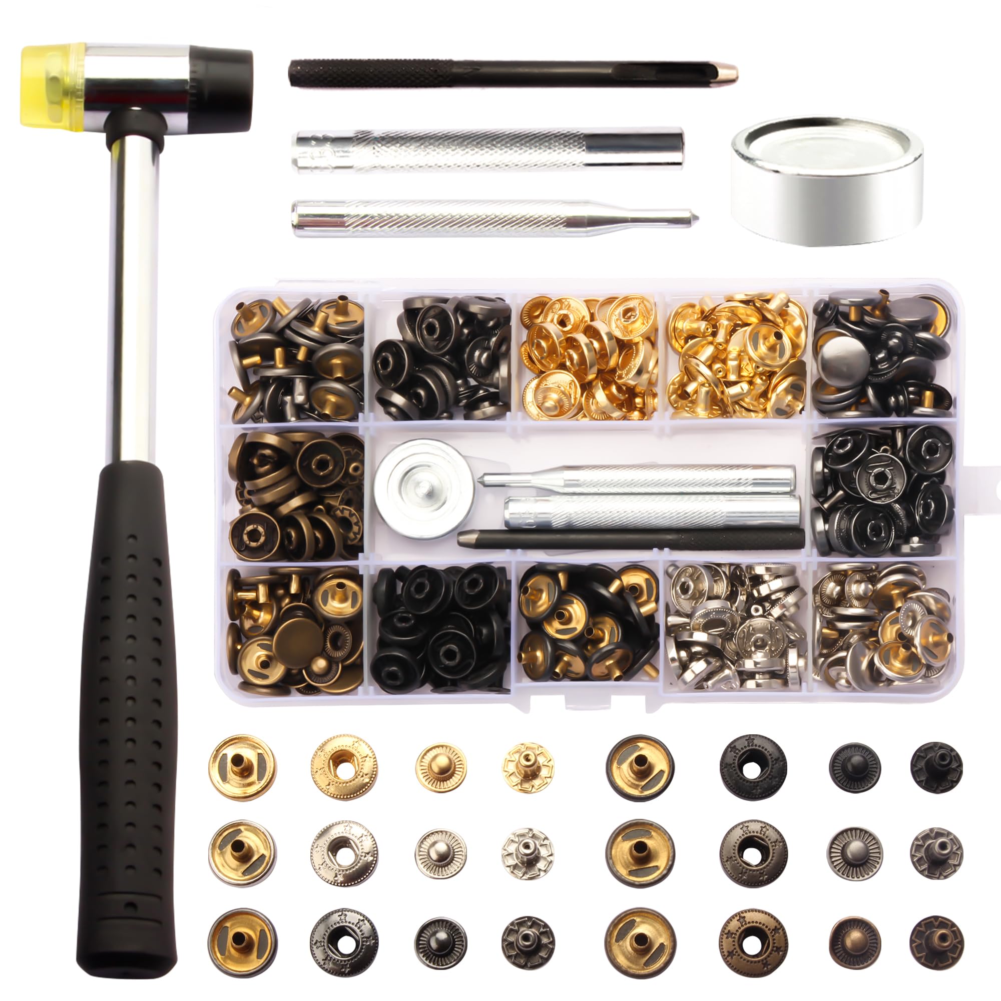 Lynda 120 juegos, kit de cierres a presión para cuero de 12 mm resistentes con 4 herramientas de ajuste. 1 martillo, broches de cuero de 4 colores para ropa, chaquetas.