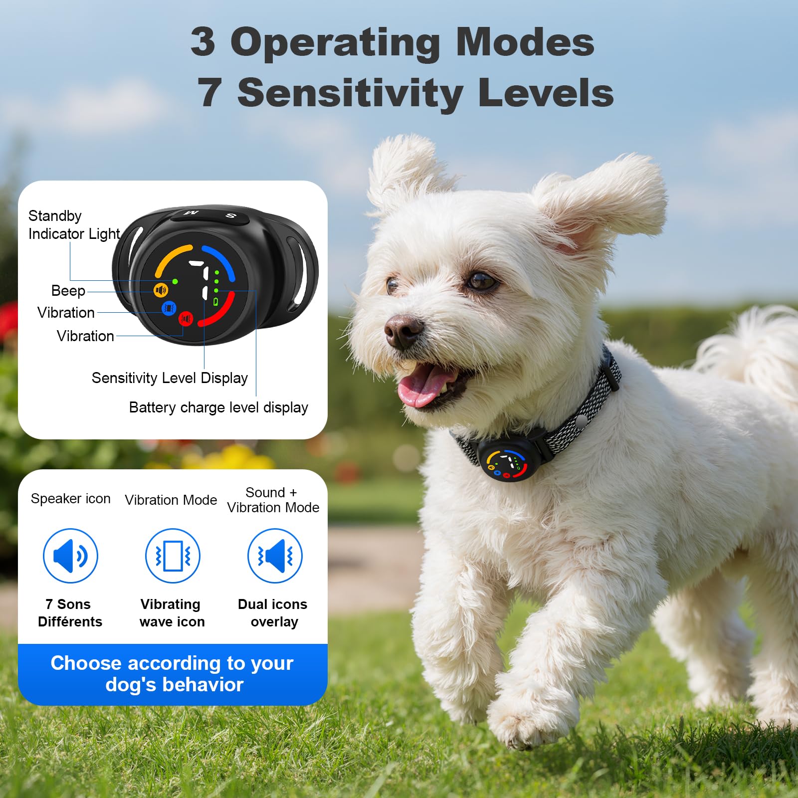 Collare Anti Abbaiare Cane,Collare Antiabbaio per Cani 3 modalità suono/vibrazione/combinato,Impermeabile IP67,5 sensibilità,Rilevamento di abbaiare intelligente regolabile per piccolo
