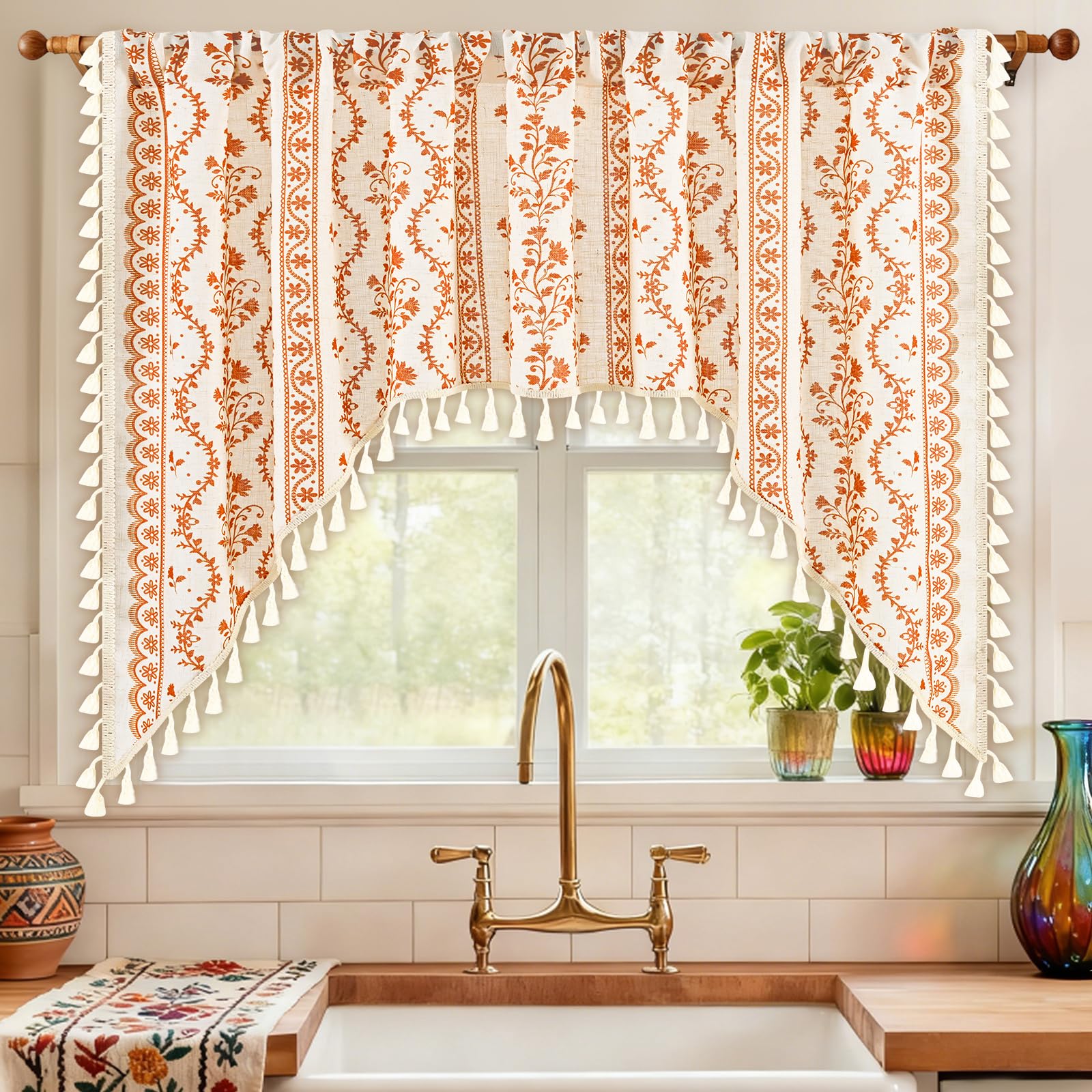 Yinhua Boho Swag Valance Curtains Vintage Linen Valances for Windows Light Filtering Floral Kitchen Valance Rod Pocket Rustic Tassel Window Valances for Bathroom Cafe, 60" W x 36" L, White Orange