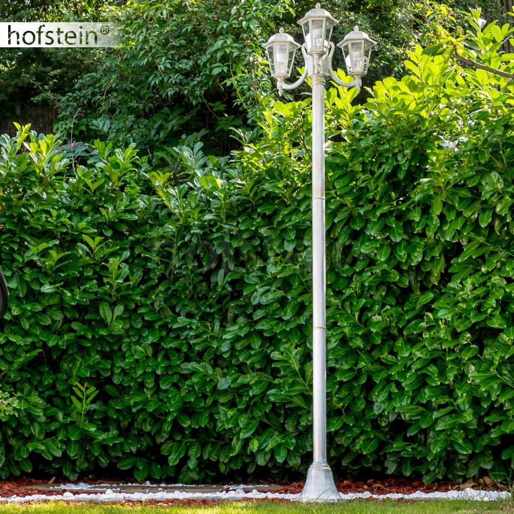 Lámpara de exterior NATAL, candelabro en aspecto antiguo, aluminio fundido en blanco/oro con cristales, lámpara de camino de 3 brazos 210cm, lámpara de jardín retro/vintage, E27, IP44, sin bombilla(s)
