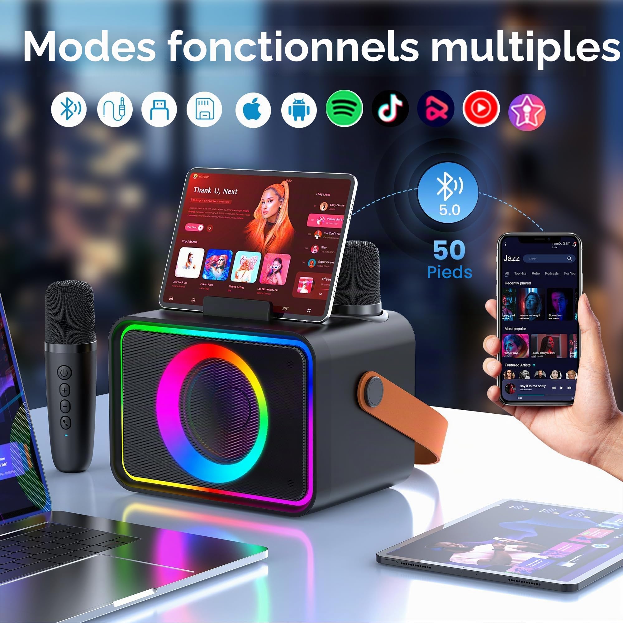 Machine de karaoké avec 2 Microphones pour Adultes et Enfants, Haut-Parleur de karaoké Bluetooth Portable pour Adultes et Enfants, système de sonorisation de fête avec lumières Disco pour