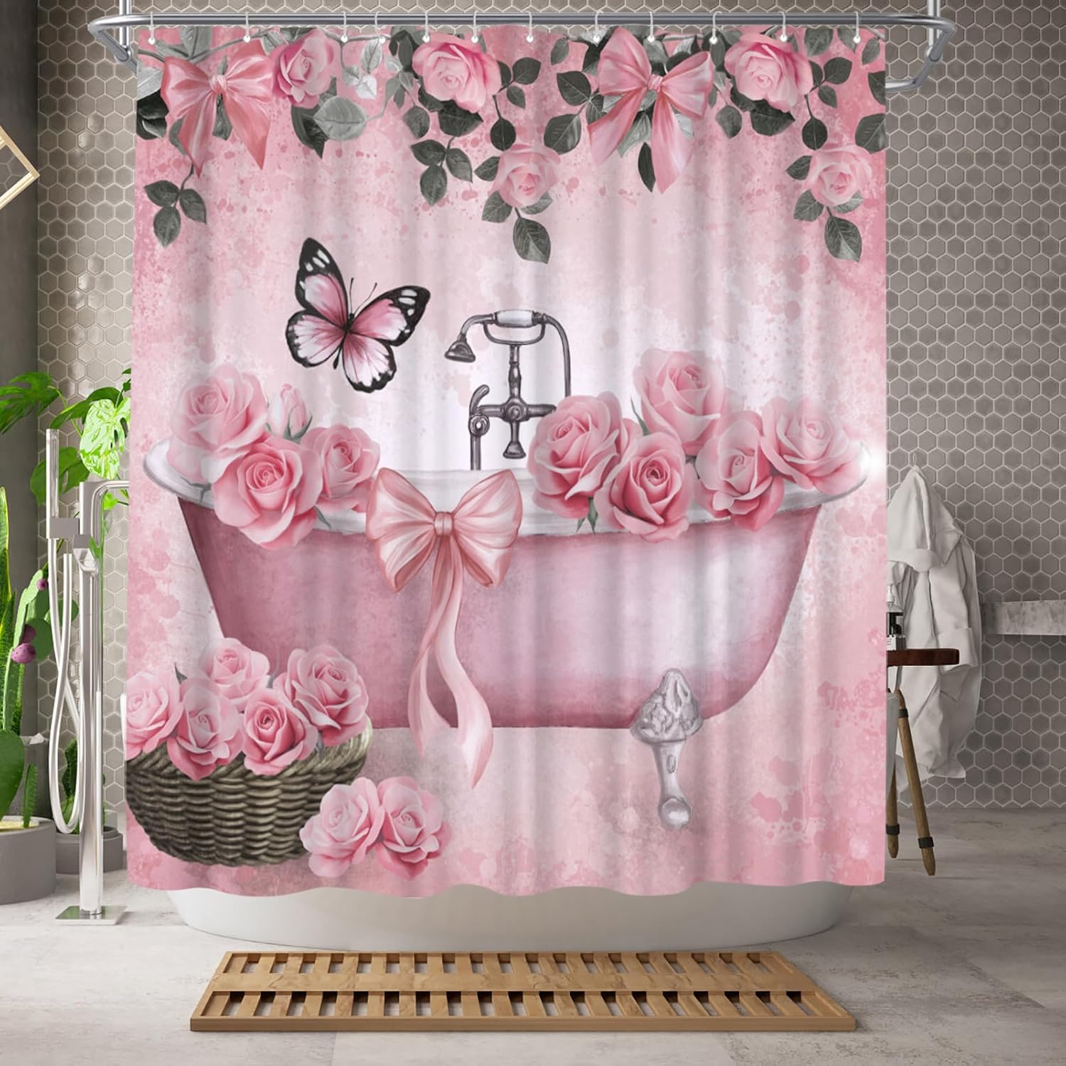 WELMECO Bow Shower Curtain Rose Flower Butterfly Bathtub Painting Printed Cute Bows Polyester Fabric Bathroom Decor Curtain, 72x72inch with Hooks (Pink)