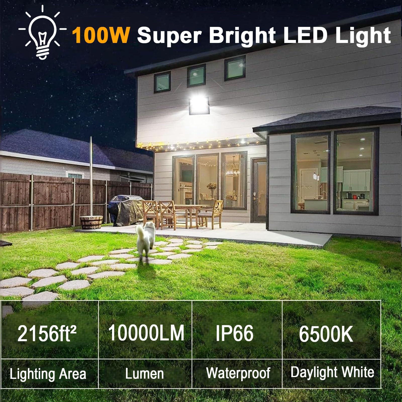 2 Piezas Focos LED Exterior 100W, 1.5M Cable Blanco Frío 6500K Proyector LED Exterior, Resistente al Agua IP66 Foco Proyector LED, 10000LM para Terrazas, Patios, Balcones, Parques, Garajes