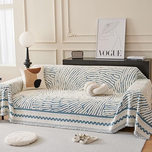 ROOMLIFE Funda de sofá gruesa a rayas con borlas, funda de sofá de felpilla azul para sofá seccional, fundas de sofá suaves para sofá biplaza en