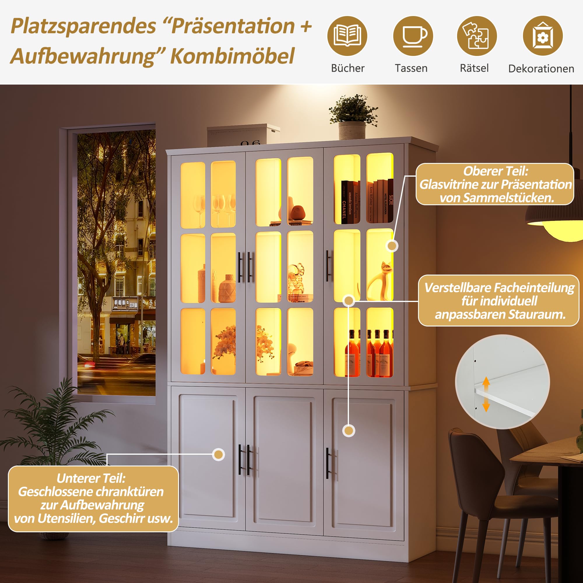 Vitrina de 121,5 x 41 x 200 cm, armario alto con 6 puertas, vitrina de cristal con LED, armario multifunción con divisor ajustable, armario grande