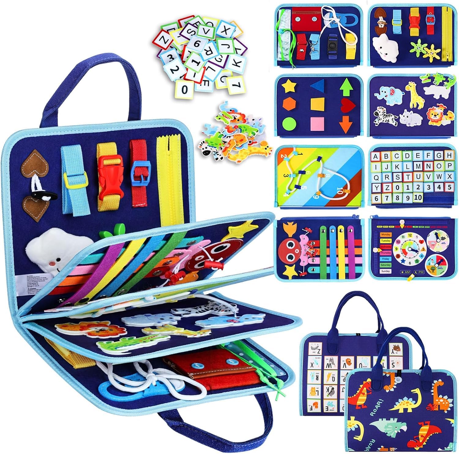 SHINETOY Montessori Busy Board for Toddlers | 8-Page Sensory Activity Book | Fine Motor Skills, Clock, Shapes, Numbers, Alphabet & Life Skills | Dinosaur Theme Travel Learning Toy for Kids 3–6-image-29