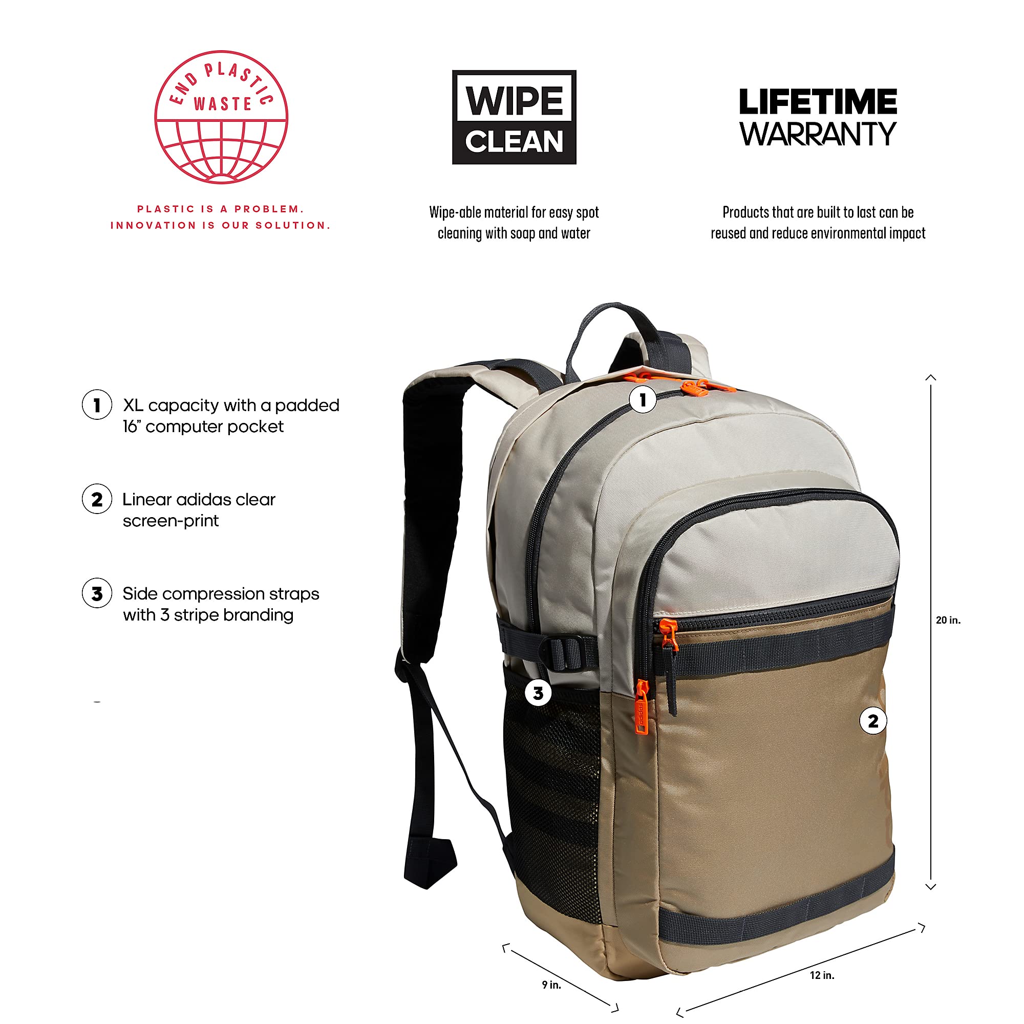 adidas Core Advantage 3 Backpack, Beige Tone/Alumina Beige/Grey Six, One Size, Core Advantage 3 Backpack Clothing, Shoes & Accessories