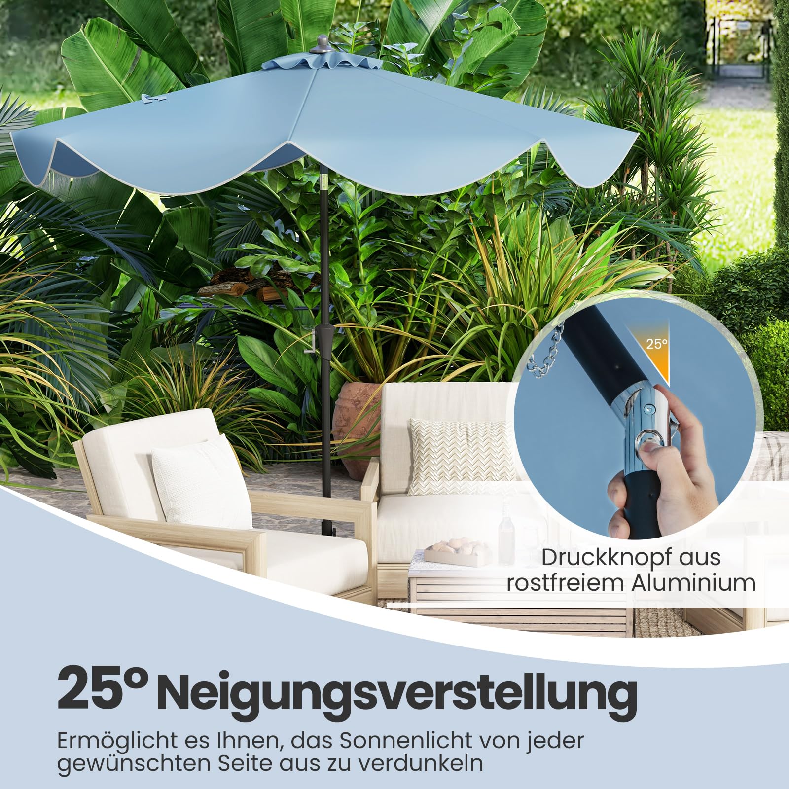 GOPLUS Parasol przeciwsłoneczny, 270 cm, do użytku na zewnątrz, z falbankami, nachylenie przycisku, korba, 8 wsporników, markiza odporna na blaknięcie, parasol tarasowy do ogrodu, na taras, basen