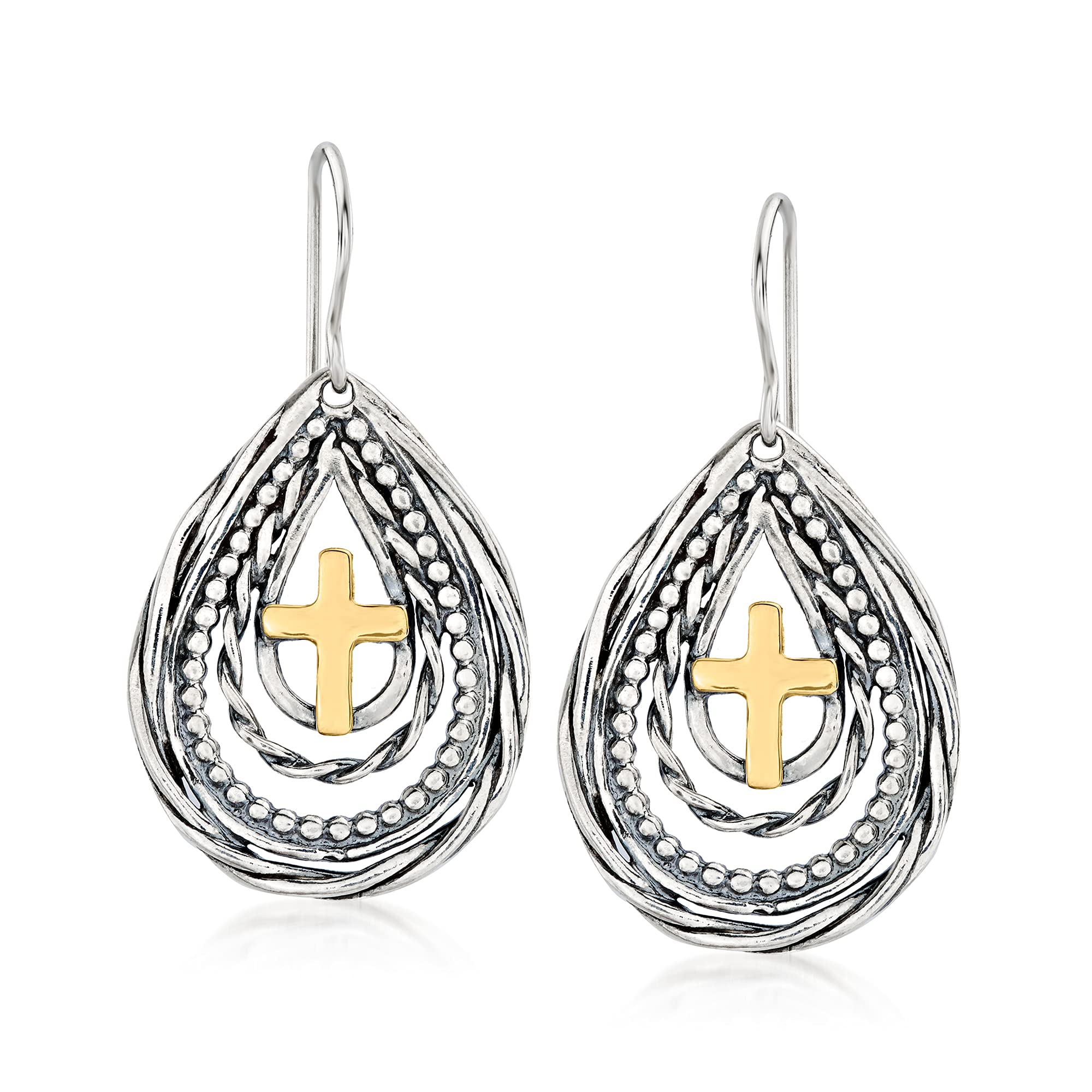 Ross-SimonsSterling Silver and 14kt Yellow Gold Cross Teardrop Earrings