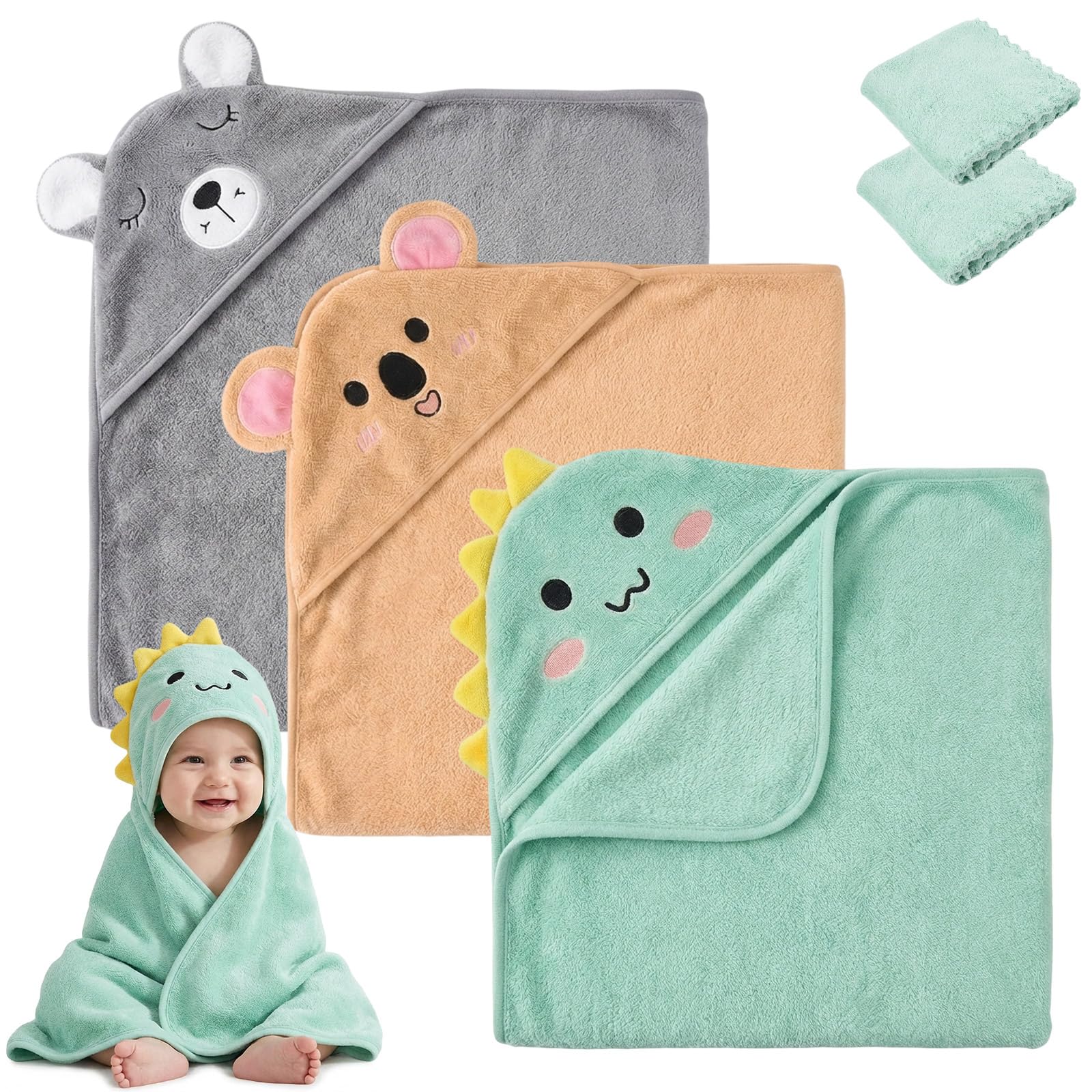 3 Pack Hooded Baby Towel - 80x80CM Soft Bath Towel with 2 Square Scarvesfor Bathtub Ultra Absorbent Baby Bath Towels Natural Baby Stuff Towel for Babie, Infant Newborn Boy Girl(Green, Camel, Gray)