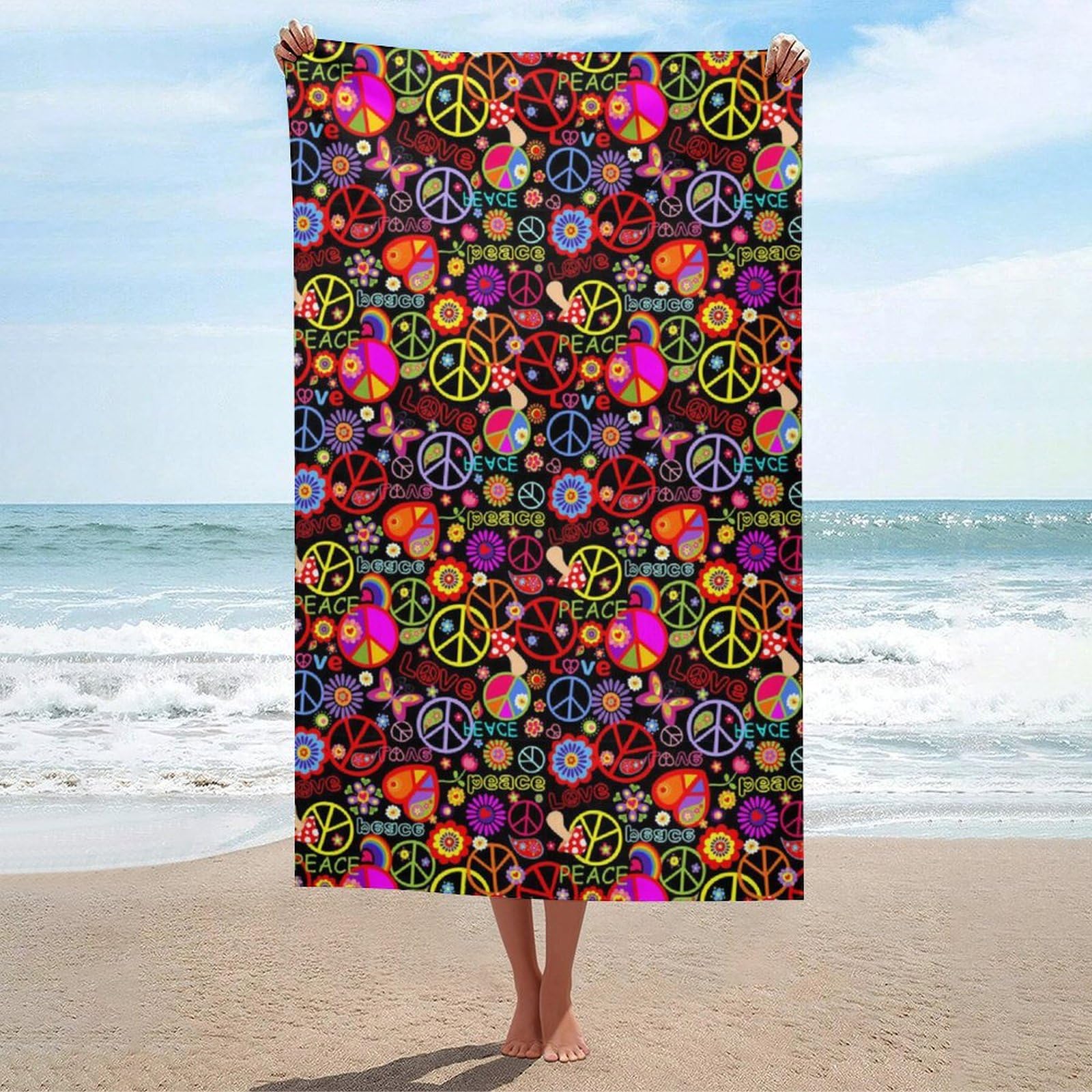 LEDFCVSU Beach Towel, Peace And Love Bath Towel, Absorbent Towel for Swimming, Sports, Travel