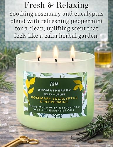 Miniatura 2 de Vela de soja de 3 mechas de eucalipto y romero, 15.8 onzas, vela grande de eucalipto para aliviar el estrés para el hogar, velas de relajación de