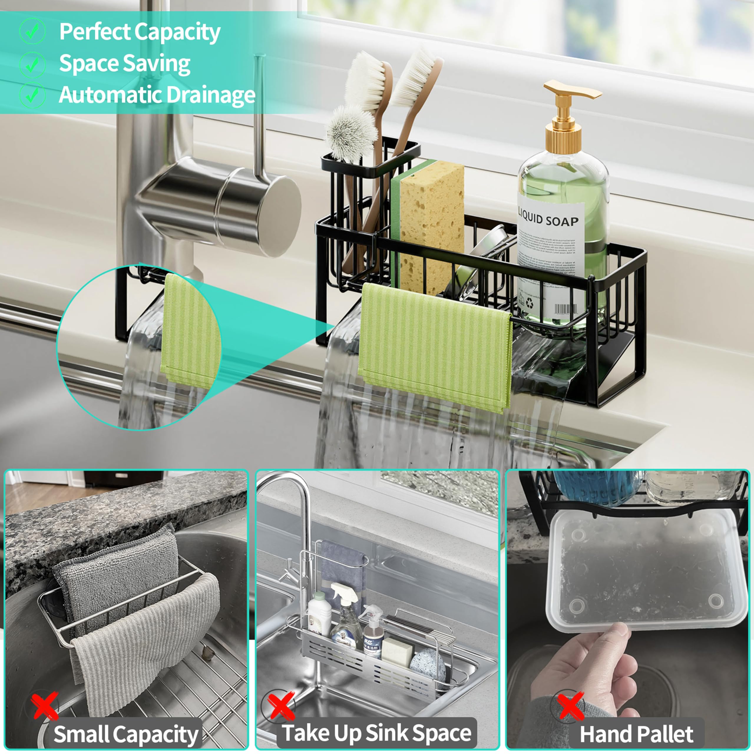 HapiRm Sponge Holder for Kitchen Sink - Self Draining Sink Caddy for Sponge, Black, with Dishcloth Holder - Image 7